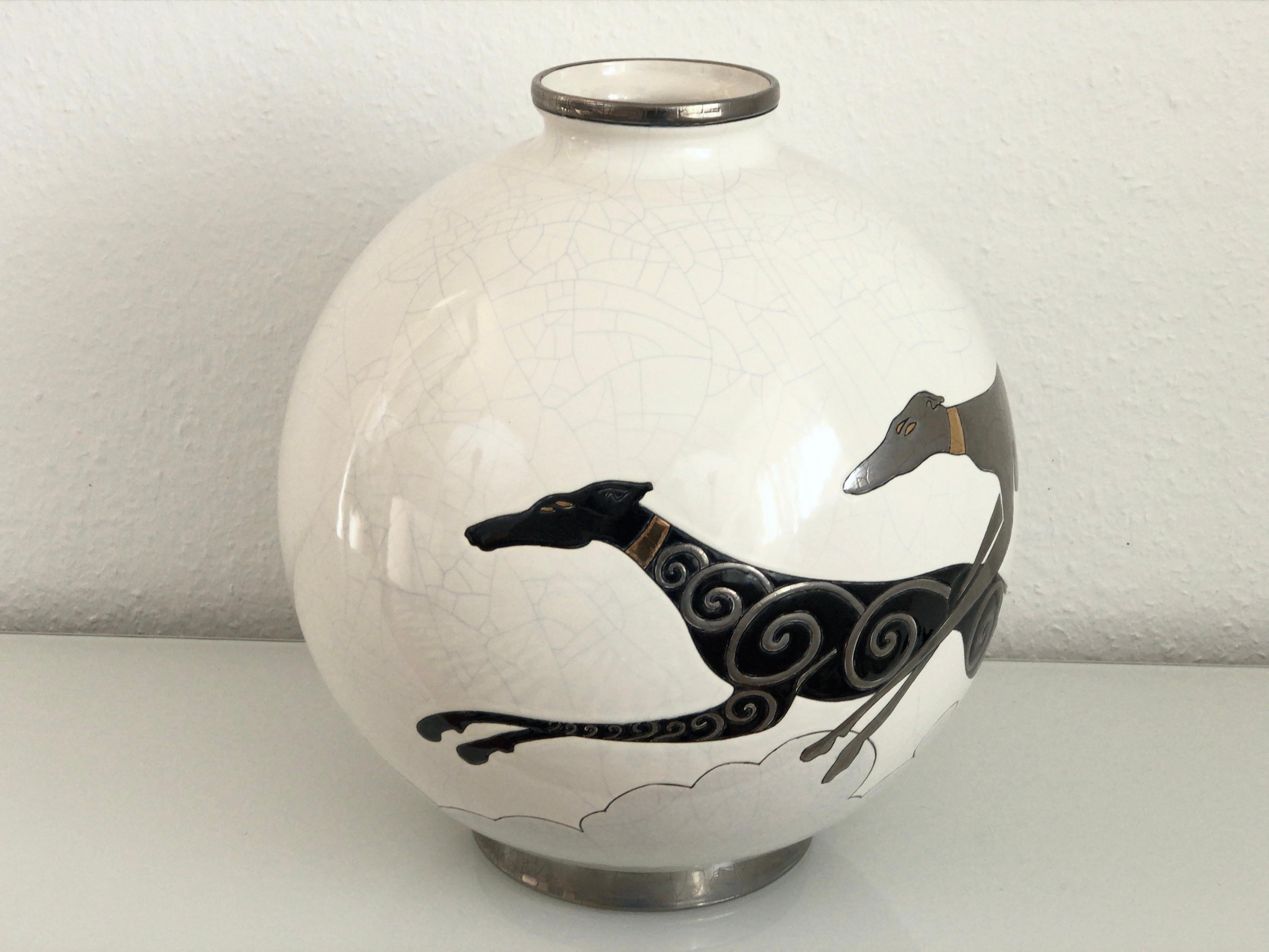 Art Deco Danillo Curetti Levriers Greyhound Vase Limited Edition from Emaux de Longwy
