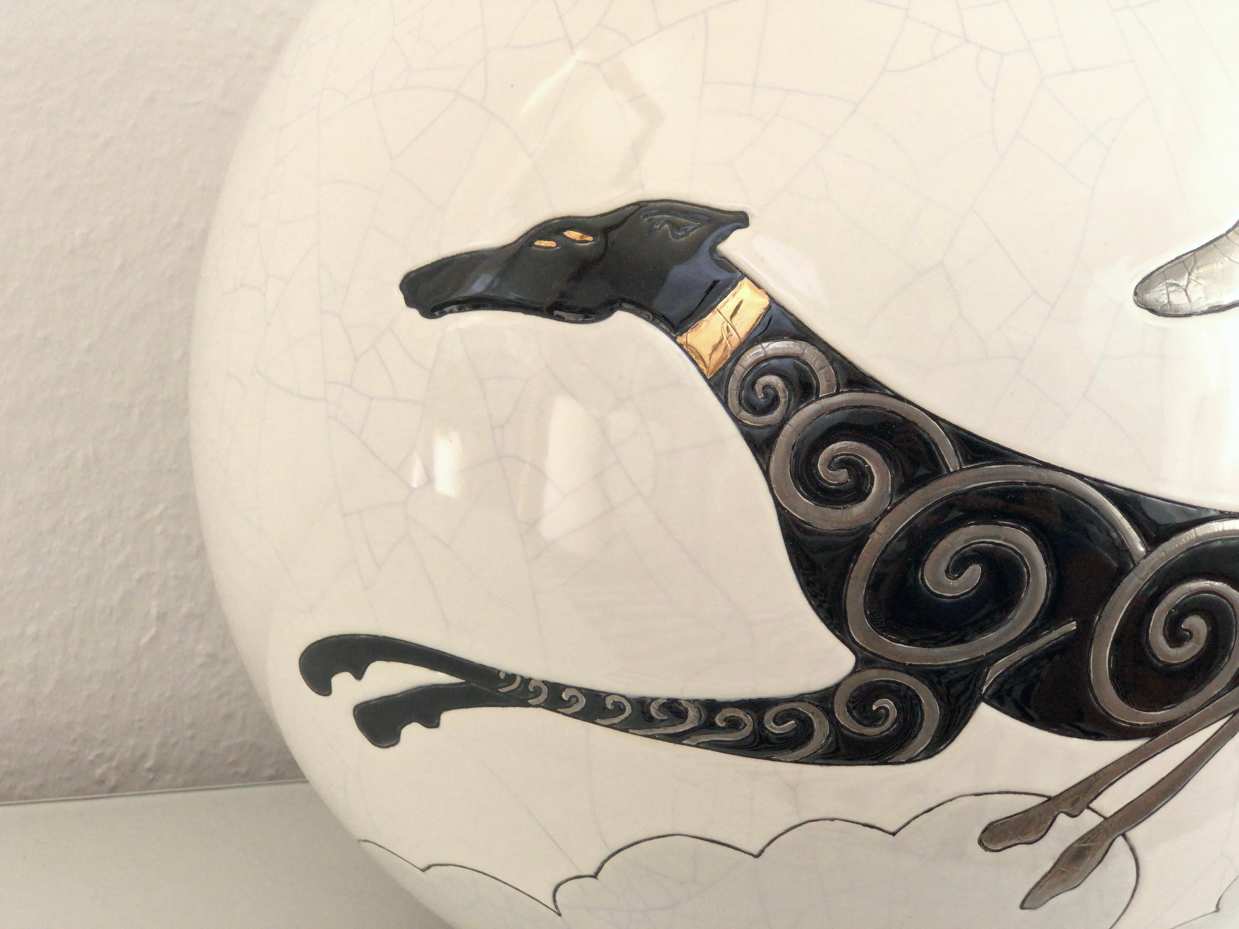 French Danillo Curetti Levriers Greyhound Vase Limited Edition from Emaux de Longwy