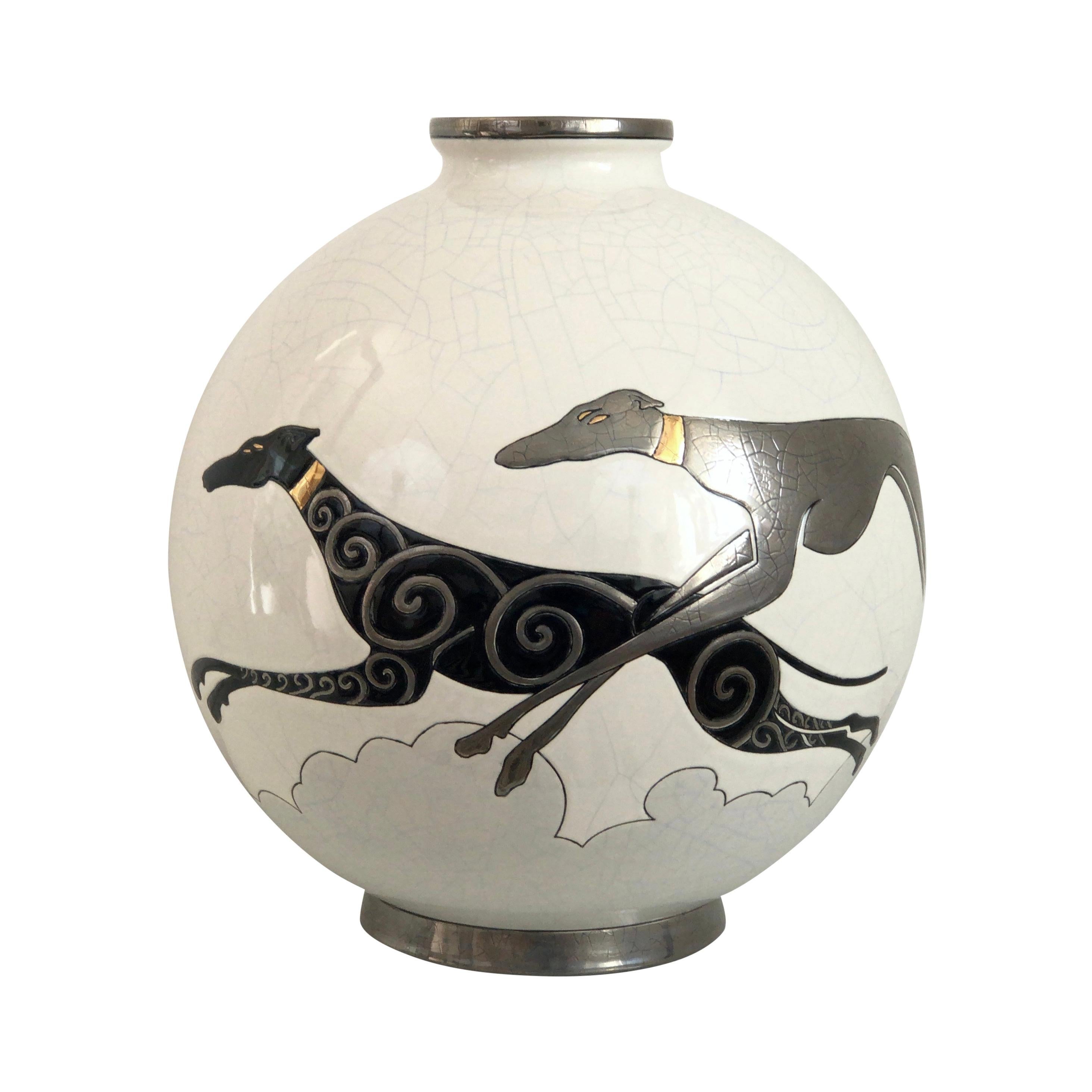 Danillo Curetti Levriers Greyhound Vase Limited Edition from Emaux de Longwy