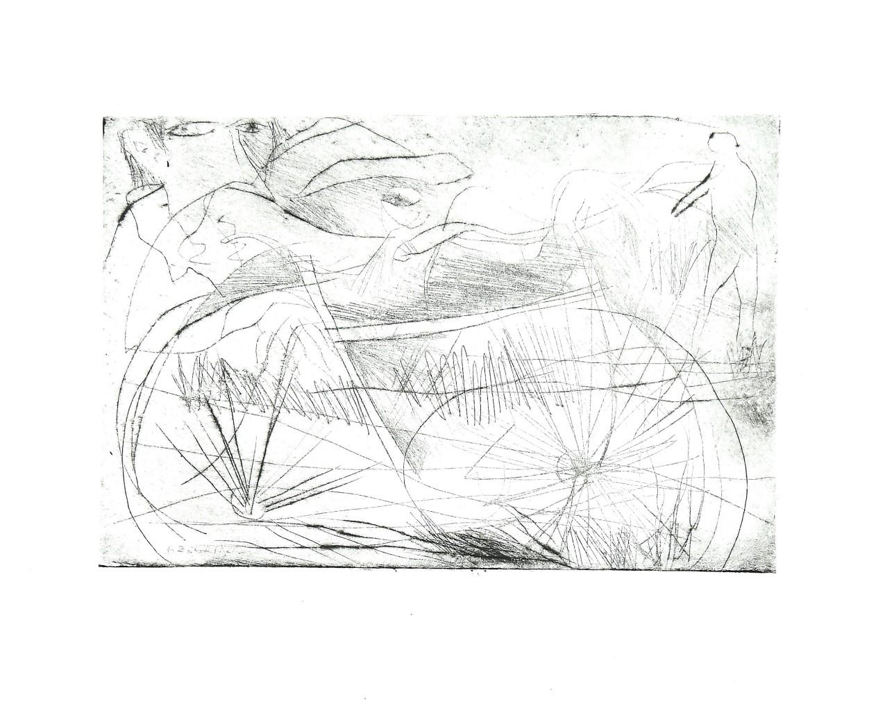 Bicycle is an original etching on cardboard realized by Danilo Bergamo in 1980s.

Hand-signed on the lower right margin on slab. 

Good conditions.

Danilo Bergamo (1938) after starting his artistic training in Macerata he moved to Rome with a