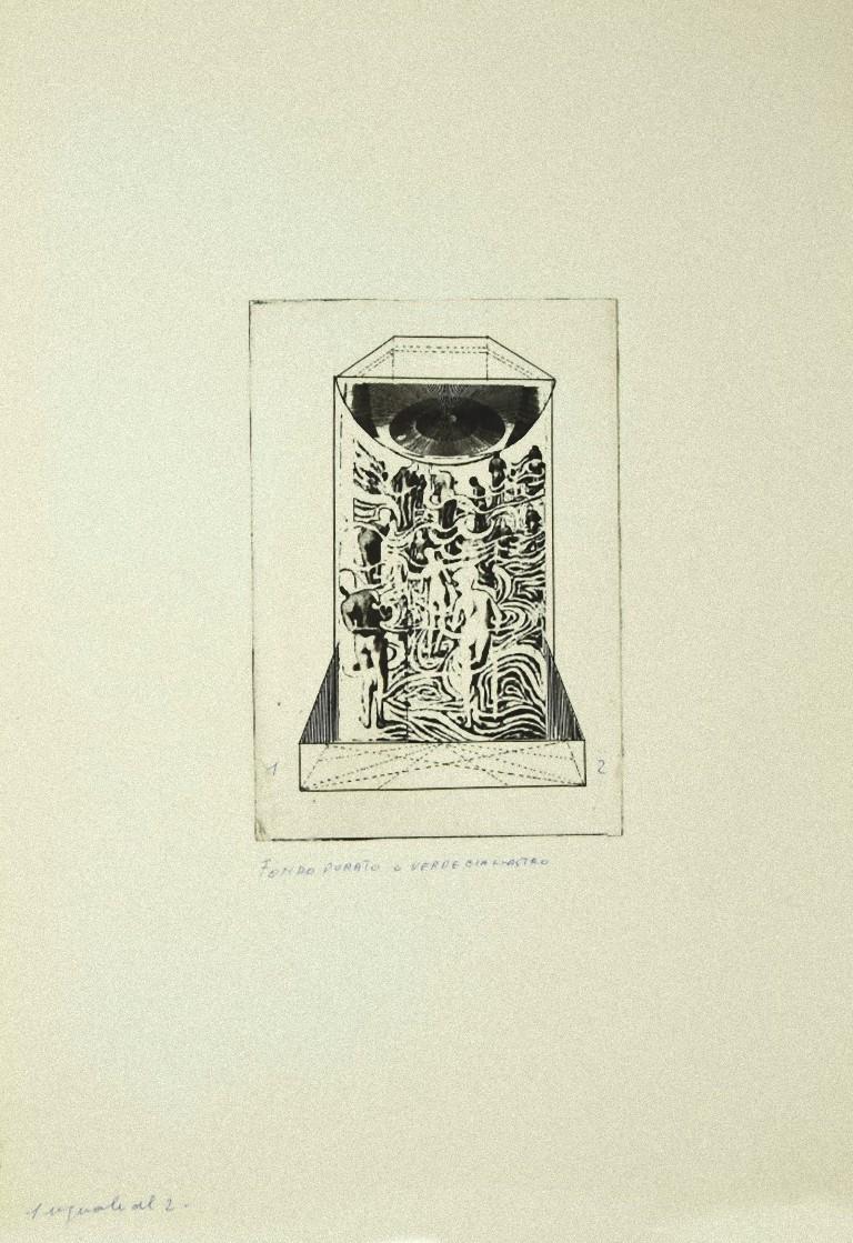 Composition is an original etching on cardboard realized by Danilo Bergamo in 1970s.

Not signed. 

Good conditions.

Danilo Bergamo (1938) after starting his artistic training in Macerata he moved to Rome with a scholarship from the Experimental