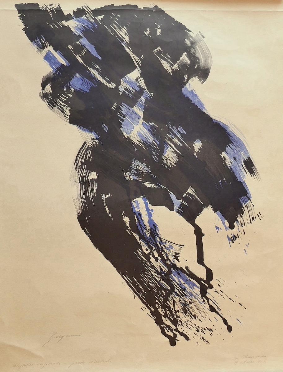 Composition is an original lithograph on paper realized by Danilo Bergamo in 1963.

Artist's proof.

Good conditions except for foldings.

Danilo Bergamo (1938) after starting his artistic training in Macerata he moved to Rome with a scholarship