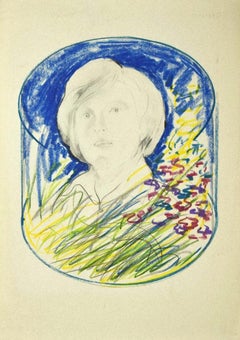 Portrait - crayon et pastel d'origine sur carton de Danilo Bergamo - 1980