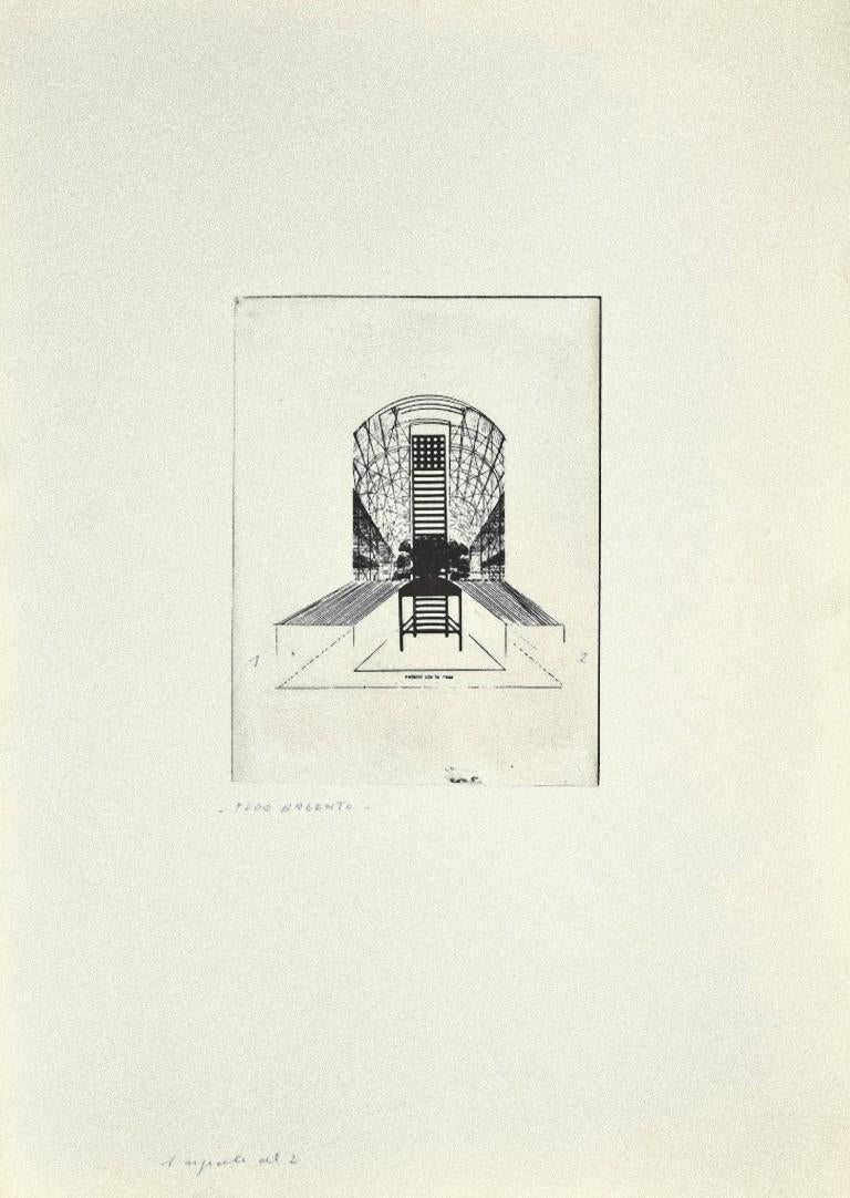 The Chair is an original etching on cardboard realized by Danilo Bergamo in 1975s.

Not signed.

Good conditions.

Danilo Bergamo (1938) after starting his artistic training in Macerata he moved to Rome with a scholarship from the Experimental