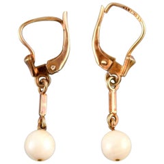 Danish 14 Karat Gold Ear Rings with Akoya Saltwater Culture Pearls, Mid-1900s