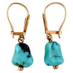Danish 14 Karat Gold Ear Rings with Turquoise, Mid-1900s