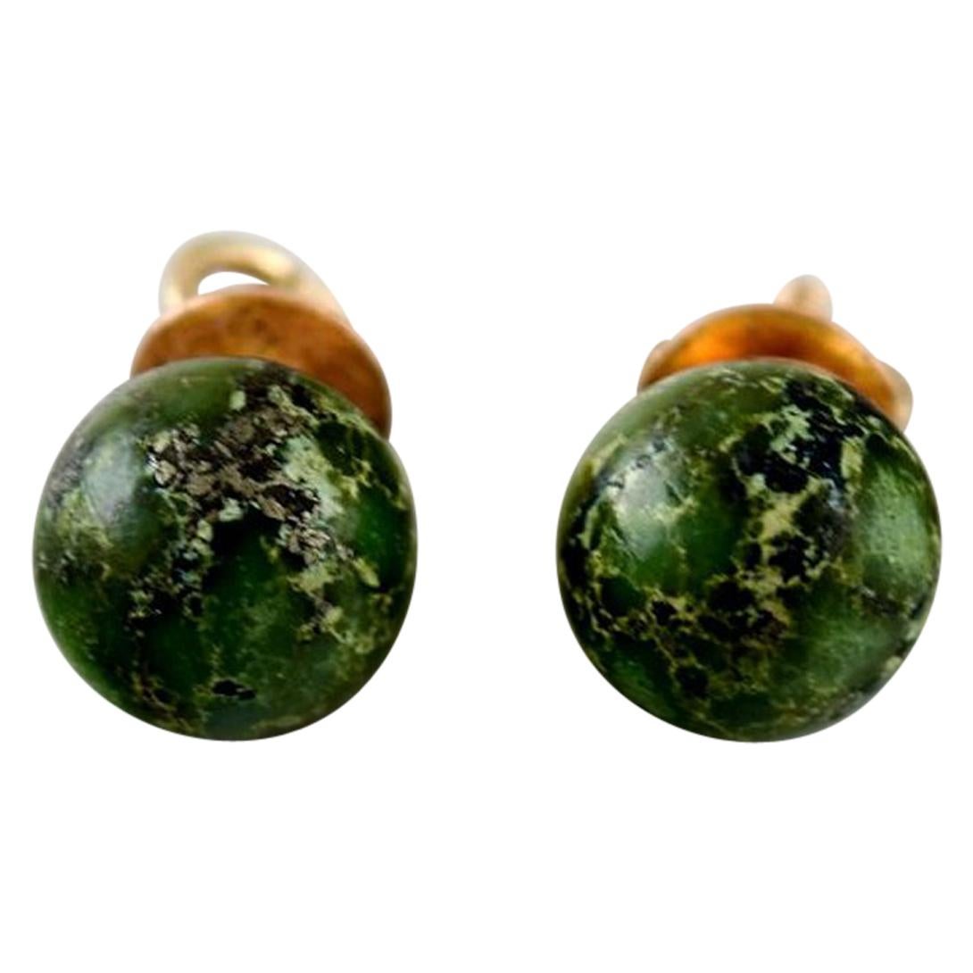 Danish 14 Karat Gold Ear Studs with Green Stones, Mid-1900s