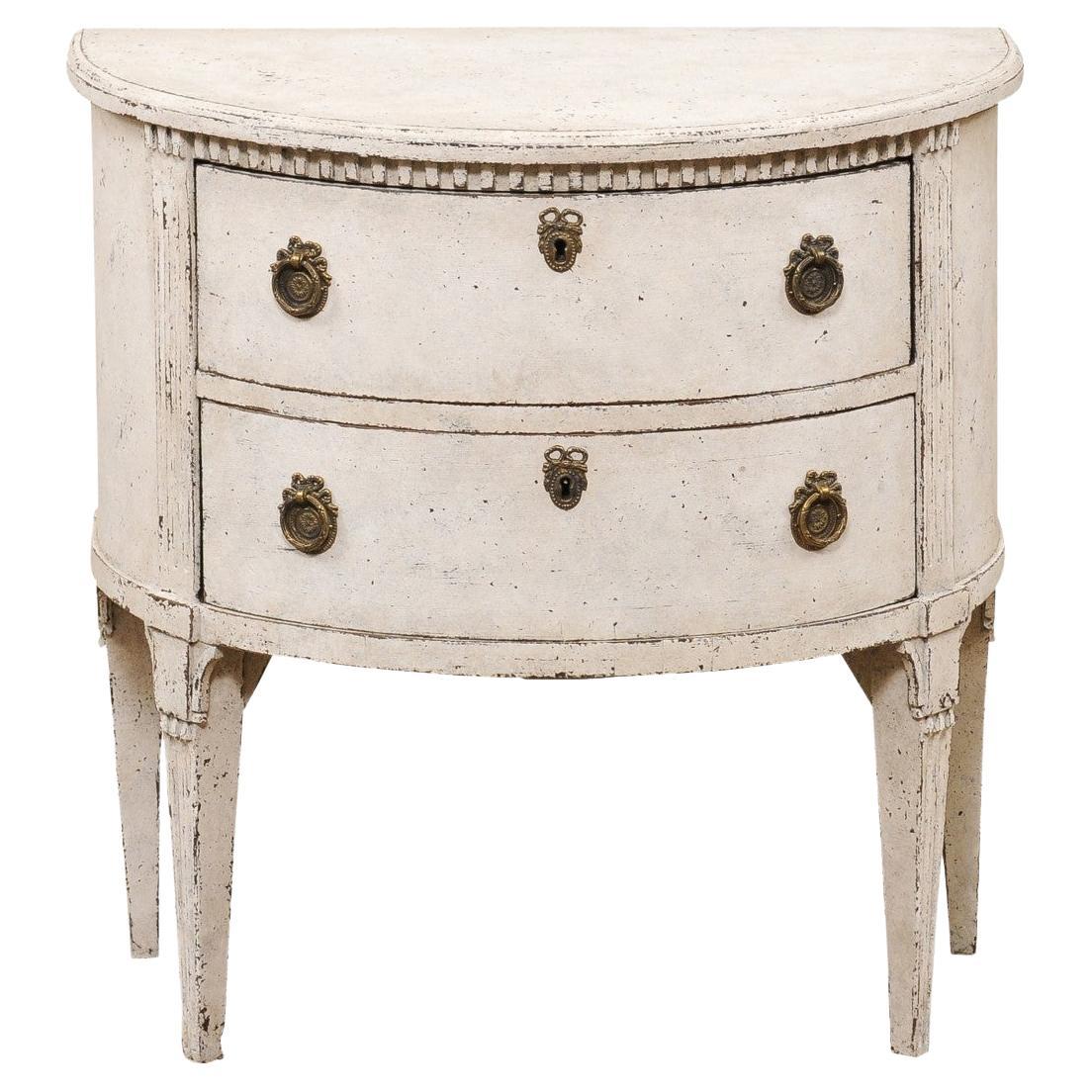 Danish 1790s Louis XVI Period Painted & Carved Demilune Two-Drawer Chest LiL For Sale