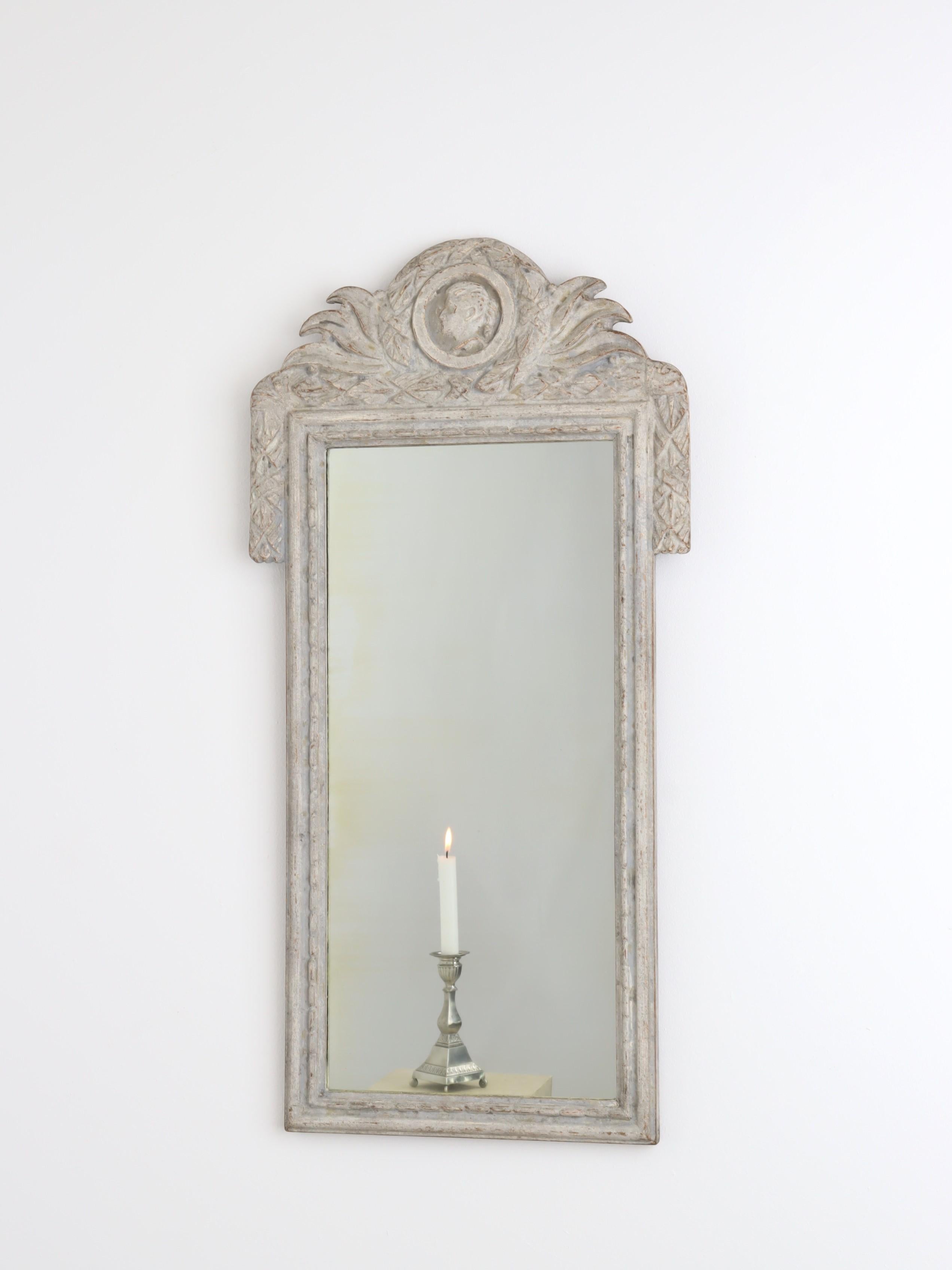 Danish 1800s Gustavian Gray Painted Wood Mirror with Medallion Carved Crest 1