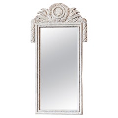 Danish 1800s Gustavian Gray Painted Wood Mirror with Medallion Carved Crest