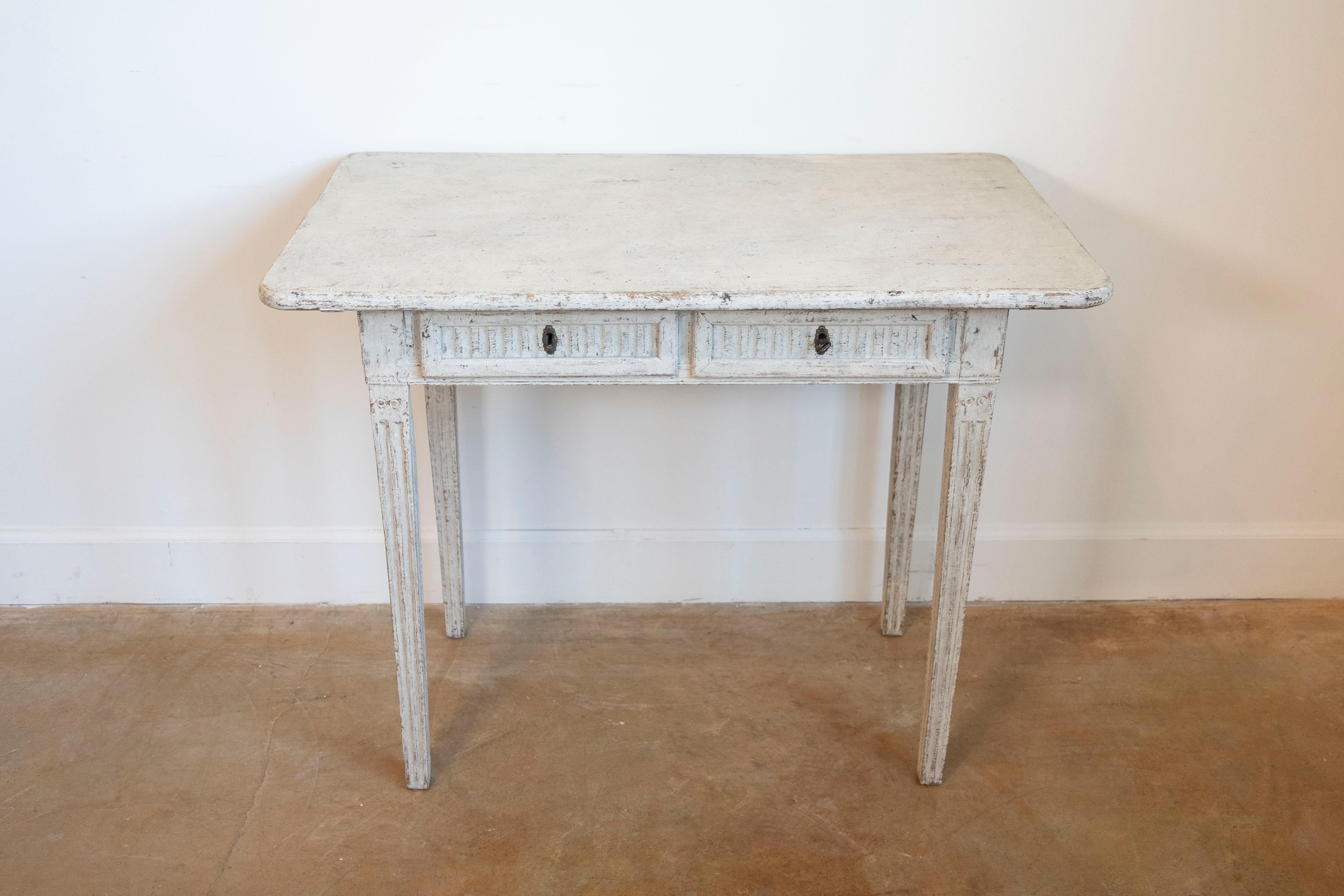 Carved Danish 1800s Painted Wood Console Table with Two Drawers and Fluted Motifs For Sale