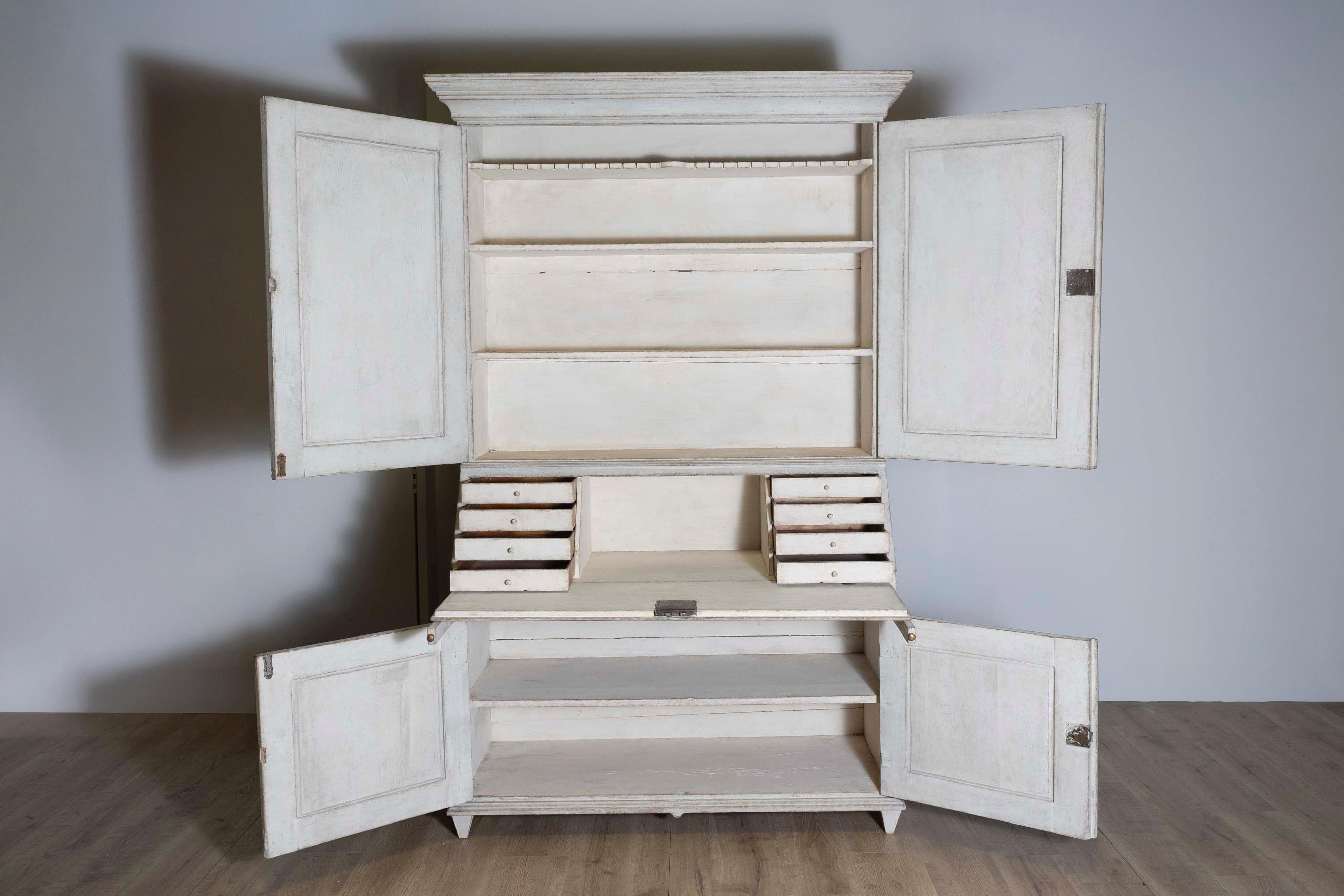 Carved Danish 1810s Beige Gray Painted Two-Part Tall Secretary with Slant-Front Desk For Sale