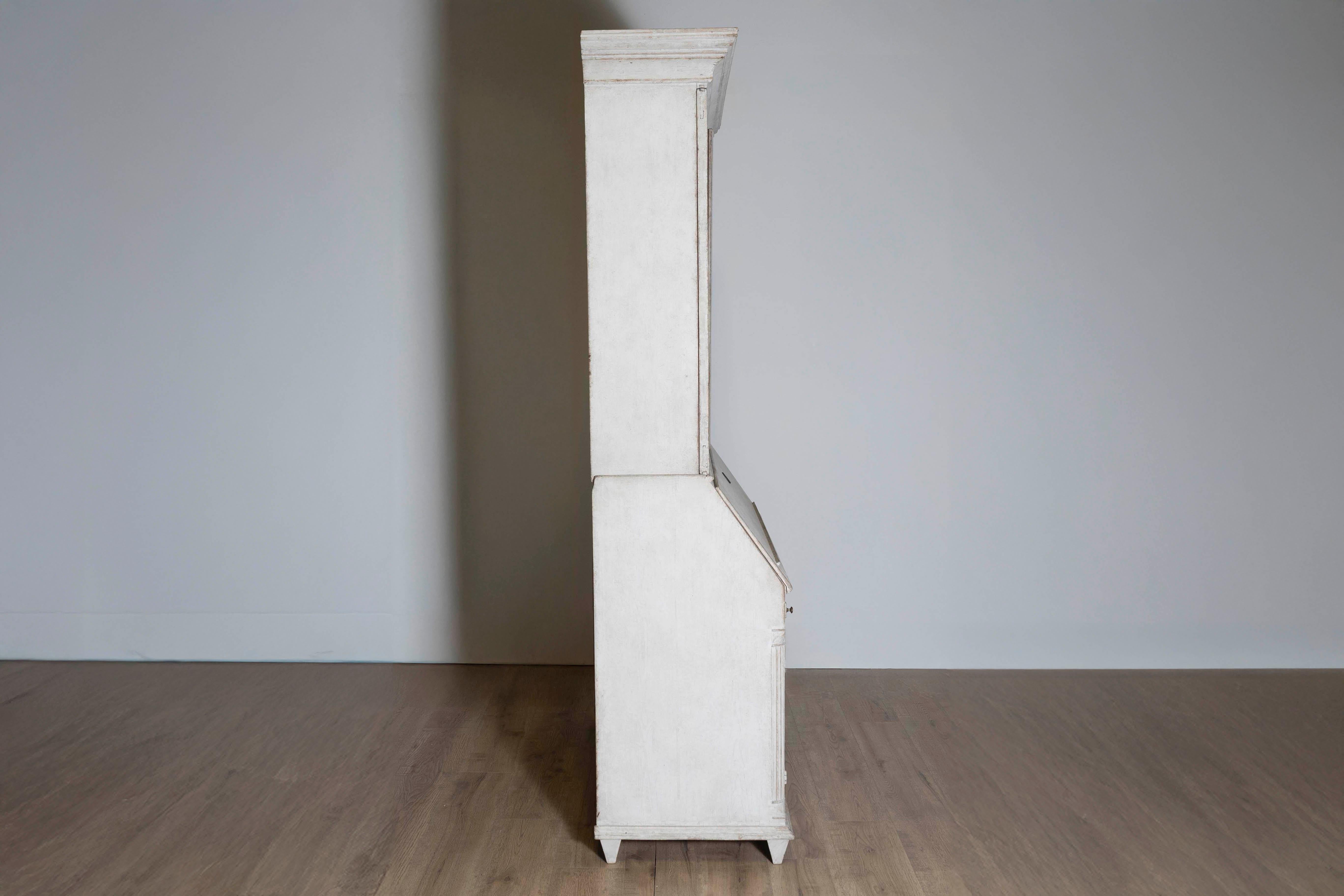 19th Century Danish 1810s Beige Gray Painted Two-Part Tall Secretary with Slant-Front Desk For Sale