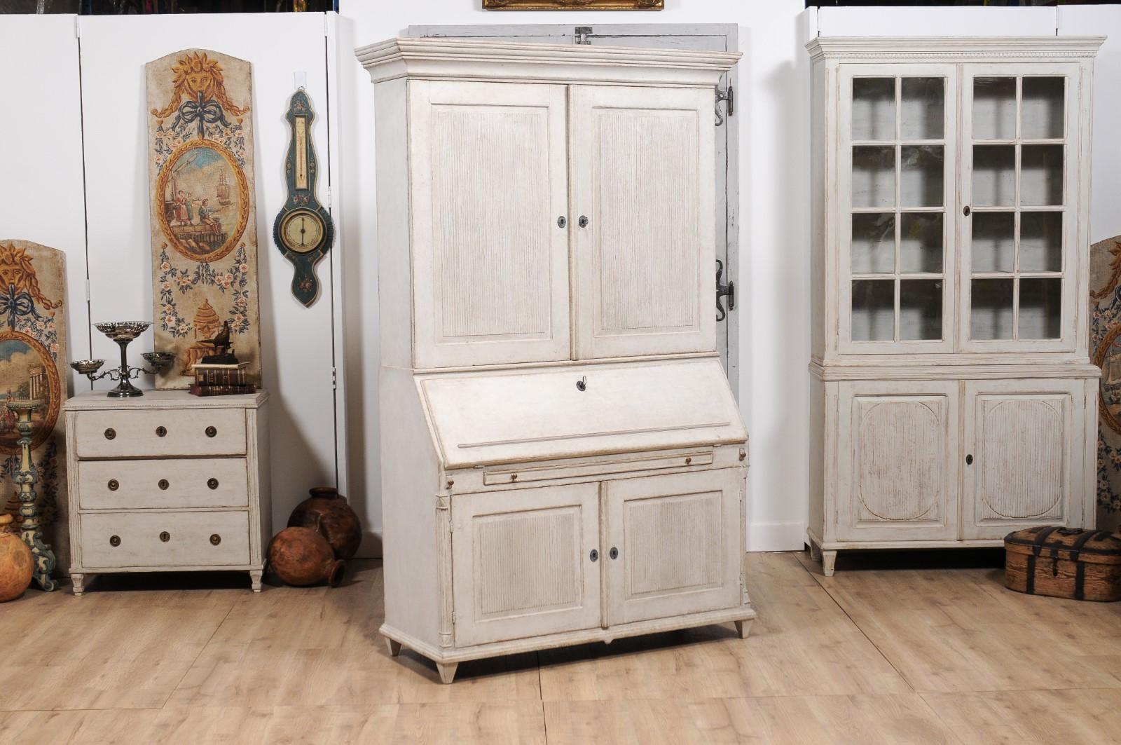 Wood Danish 1810s Beige Gray Painted Two-Part Tall Secretary with Slant-Front Desk For Sale