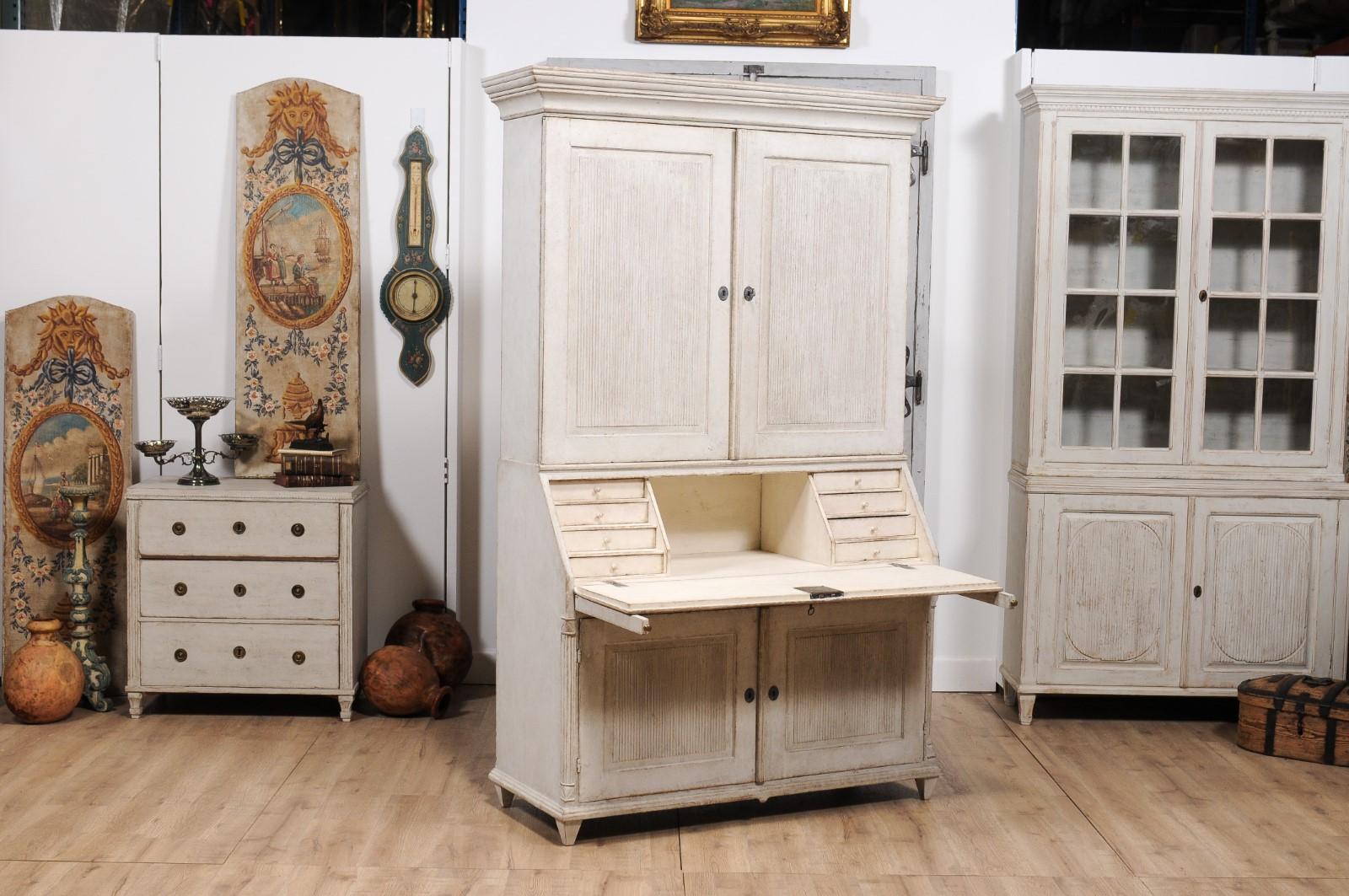 Danish 1810s Beige Gray Painted Two-Part Tall Secretary with Slant-Front Desk For Sale 1
