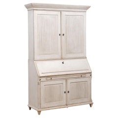 Used Danish 1810s Beige Gray Painted Two-Part Tall Secretary with Slant-Front Desk