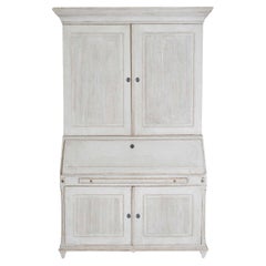 Antique Danish 1810s Beige Gray Painted Two-Part Tall Secretary with Slant-Front Desk