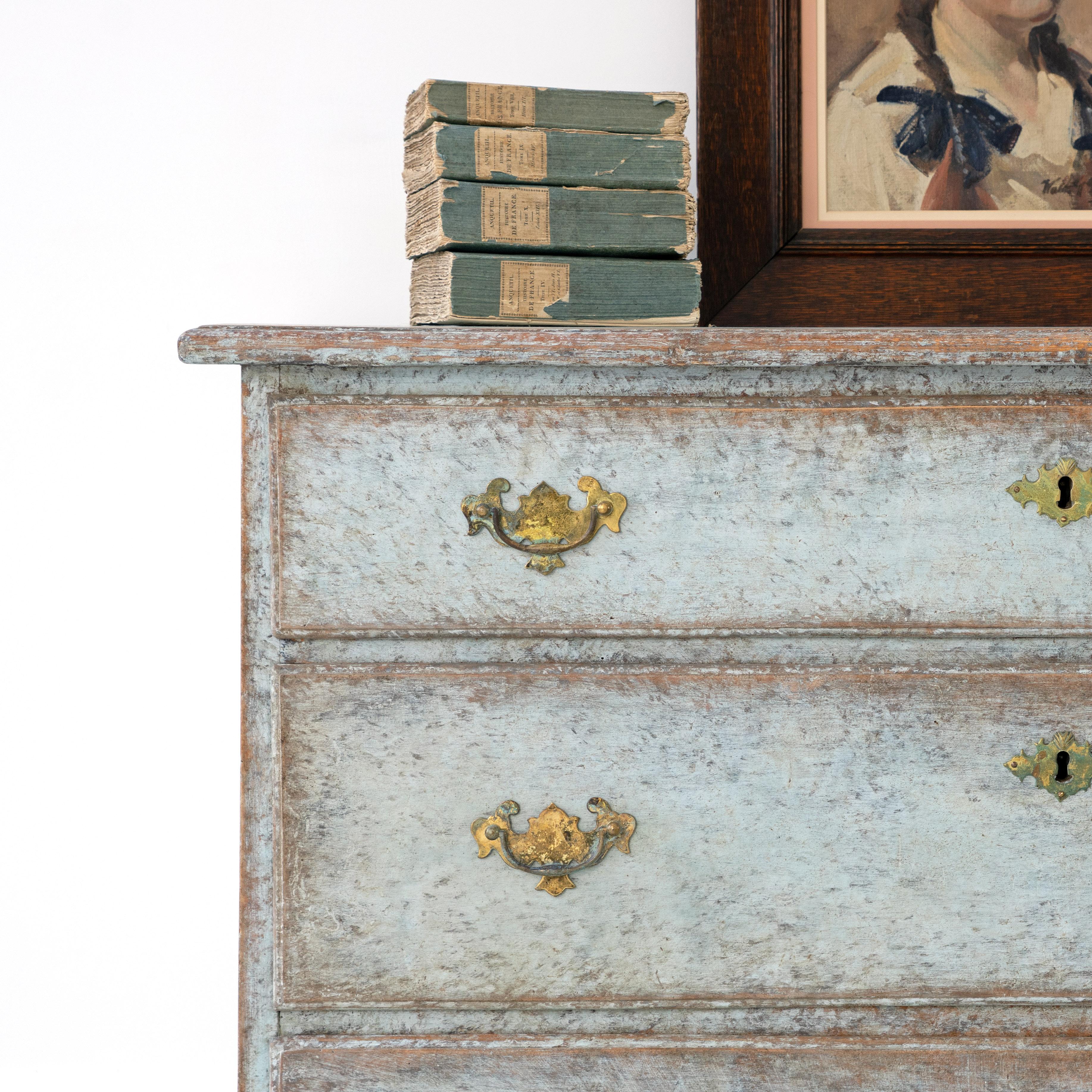 Brass Danish 1820s Late Gustavian Blue Grey Painted Wood Chest with Three Drawers