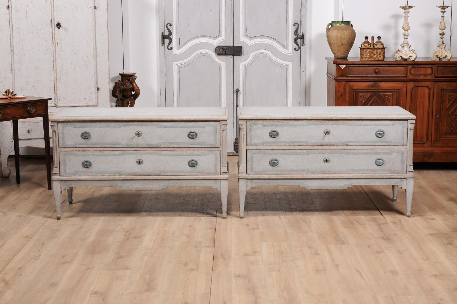 Danish 1820s Light Gray Painted Two-Drawer Chests with Semi-Columns, a Pair For Sale 7