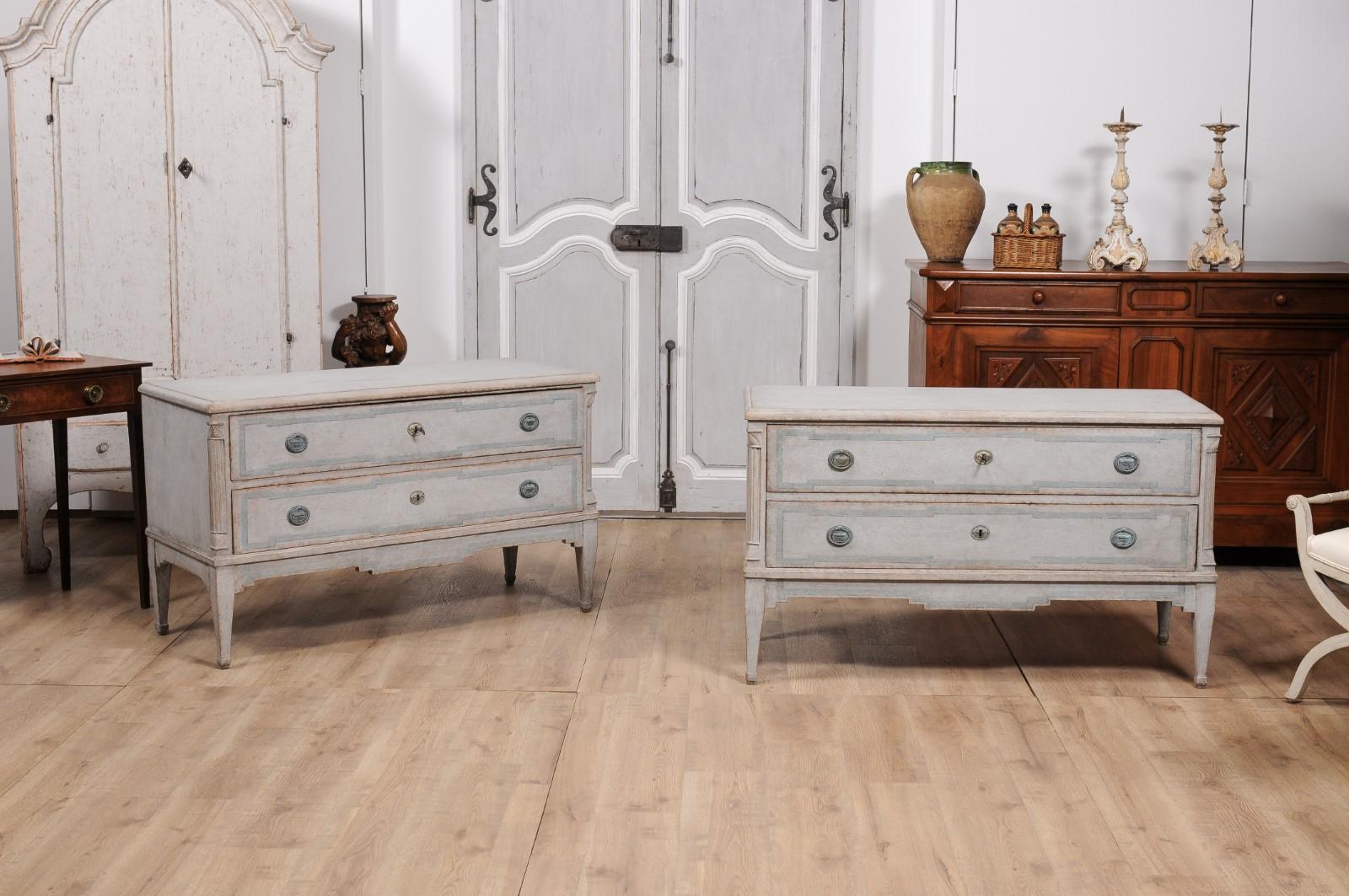Carved Danish 1820s Light Gray Painted Two-Drawer Chests with Semi-Columns, a Pair For Sale
