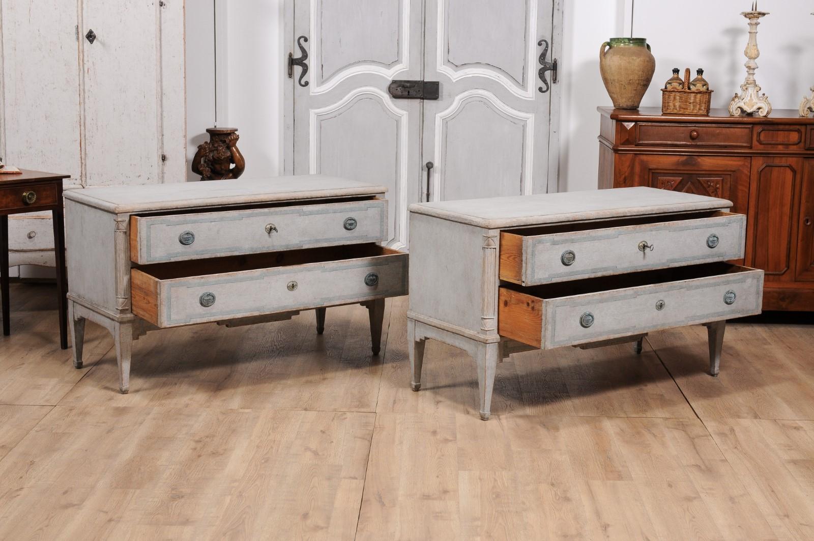 Danish 1820s Light Gray Painted Two-Drawer Chests with Semi-Columns, a Pair In Good Condition For Sale In Atlanta, GA