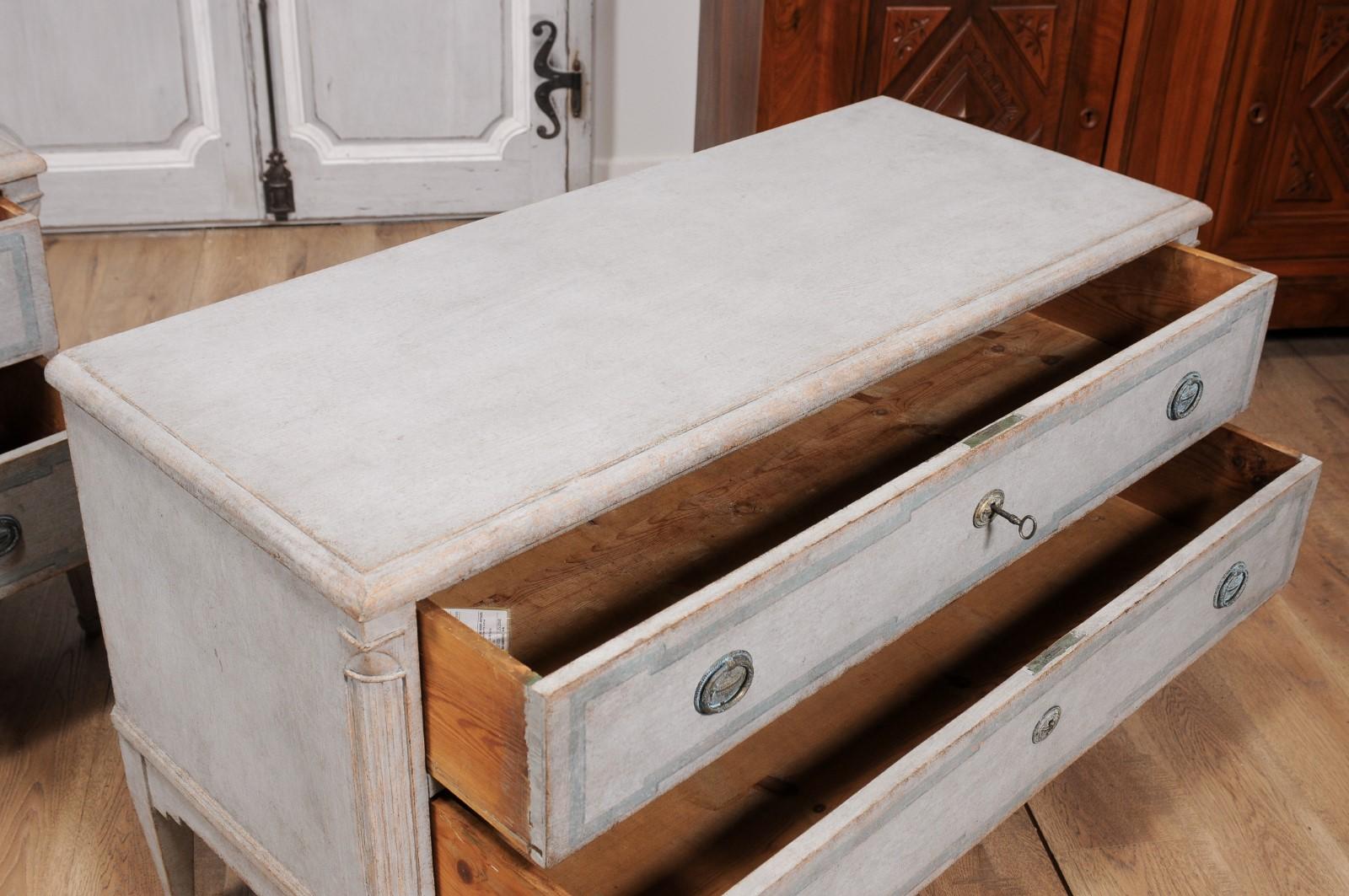 19th Century Danish 1820s Light Gray Painted Two-Drawer Chests with Semi-Columns, a Pair For Sale