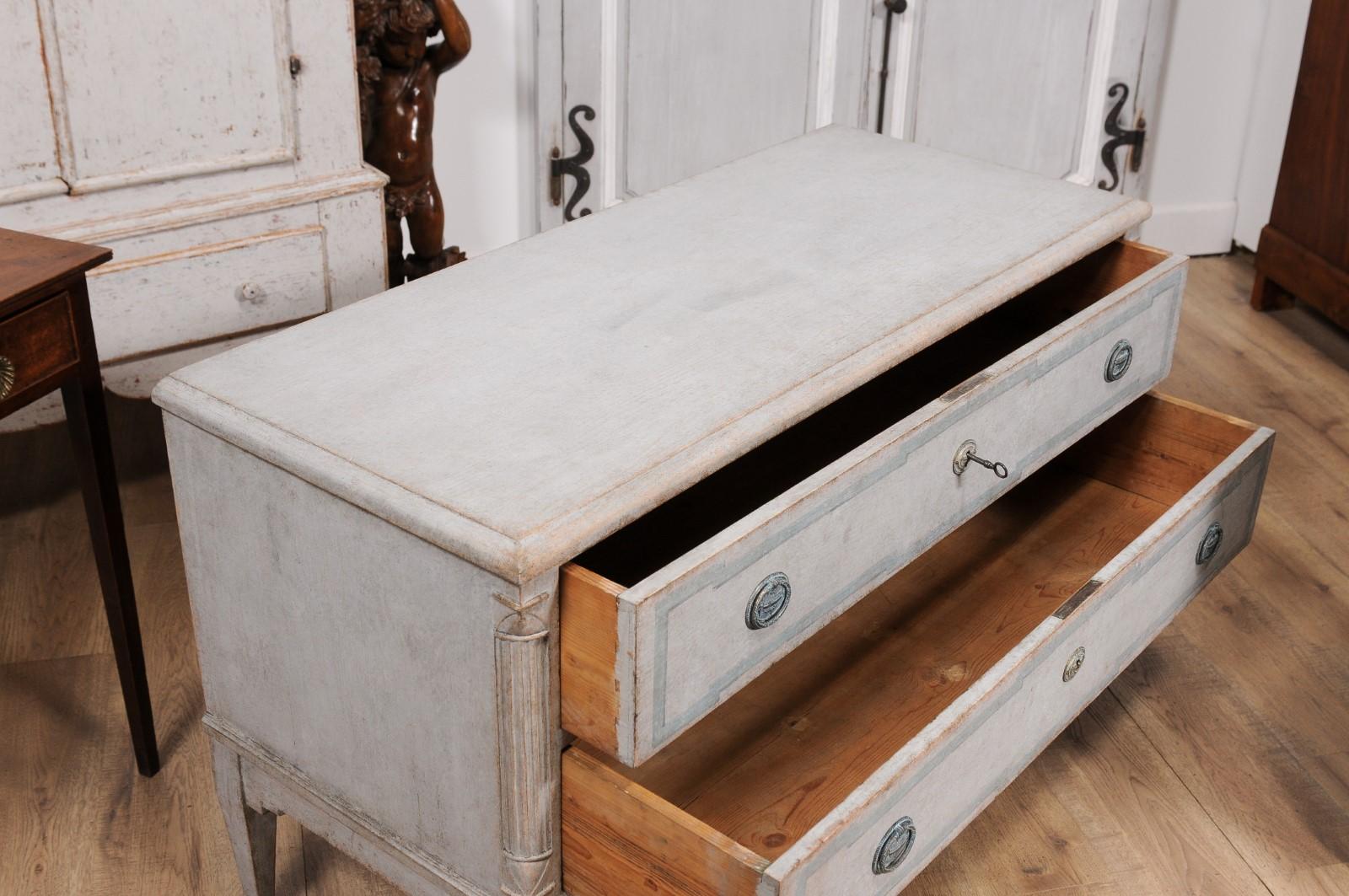 Wood Danish 1820s Light Gray Painted Two-Drawer Chests with Semi-Columns, a Pair For Sale