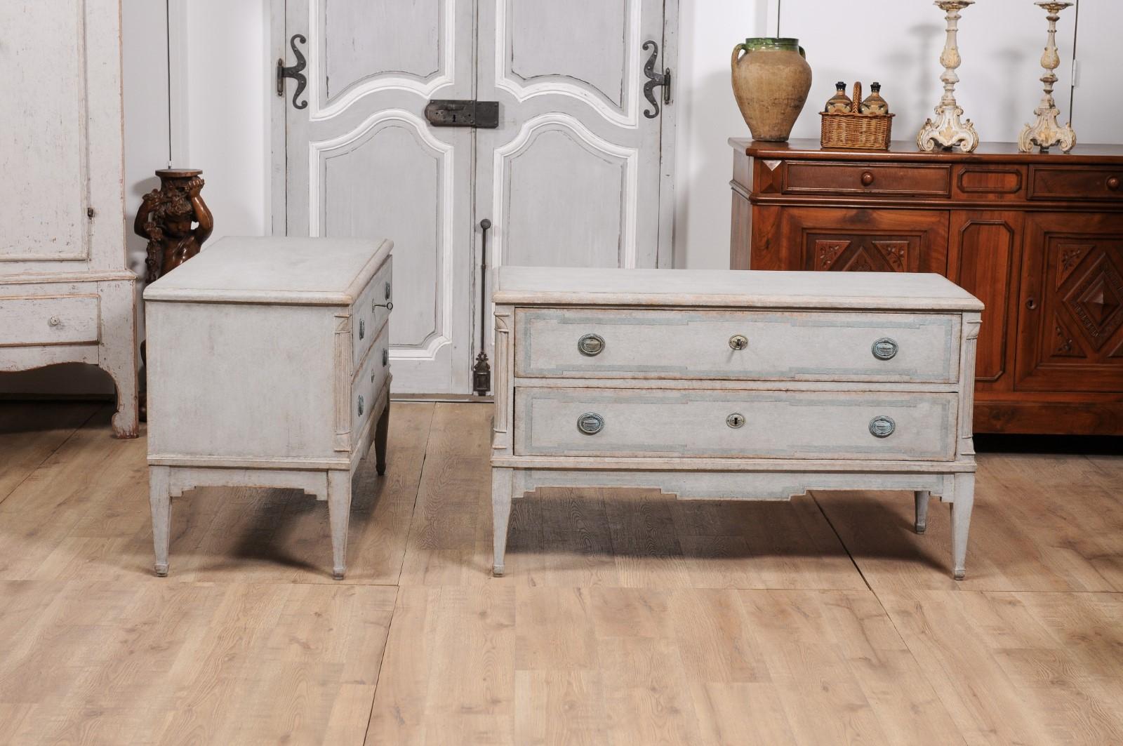 Danish 1820s Light Gray Painted Two-Drawer Chests with Semi-Columns, a Pair For Sale 1