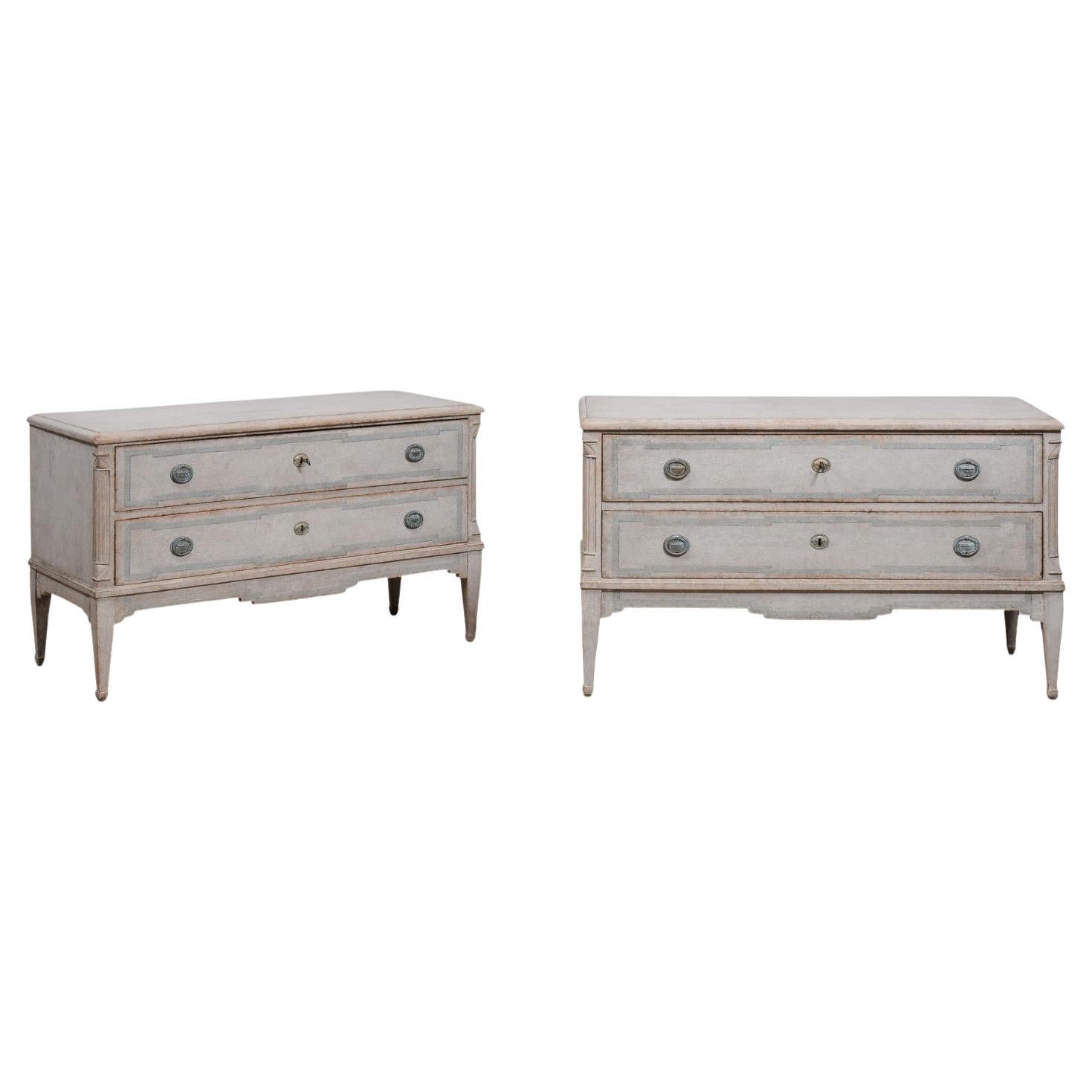 Danish 1820s Light Gray Painted Two-Drawer Chests with Semi-Columns, a Pair