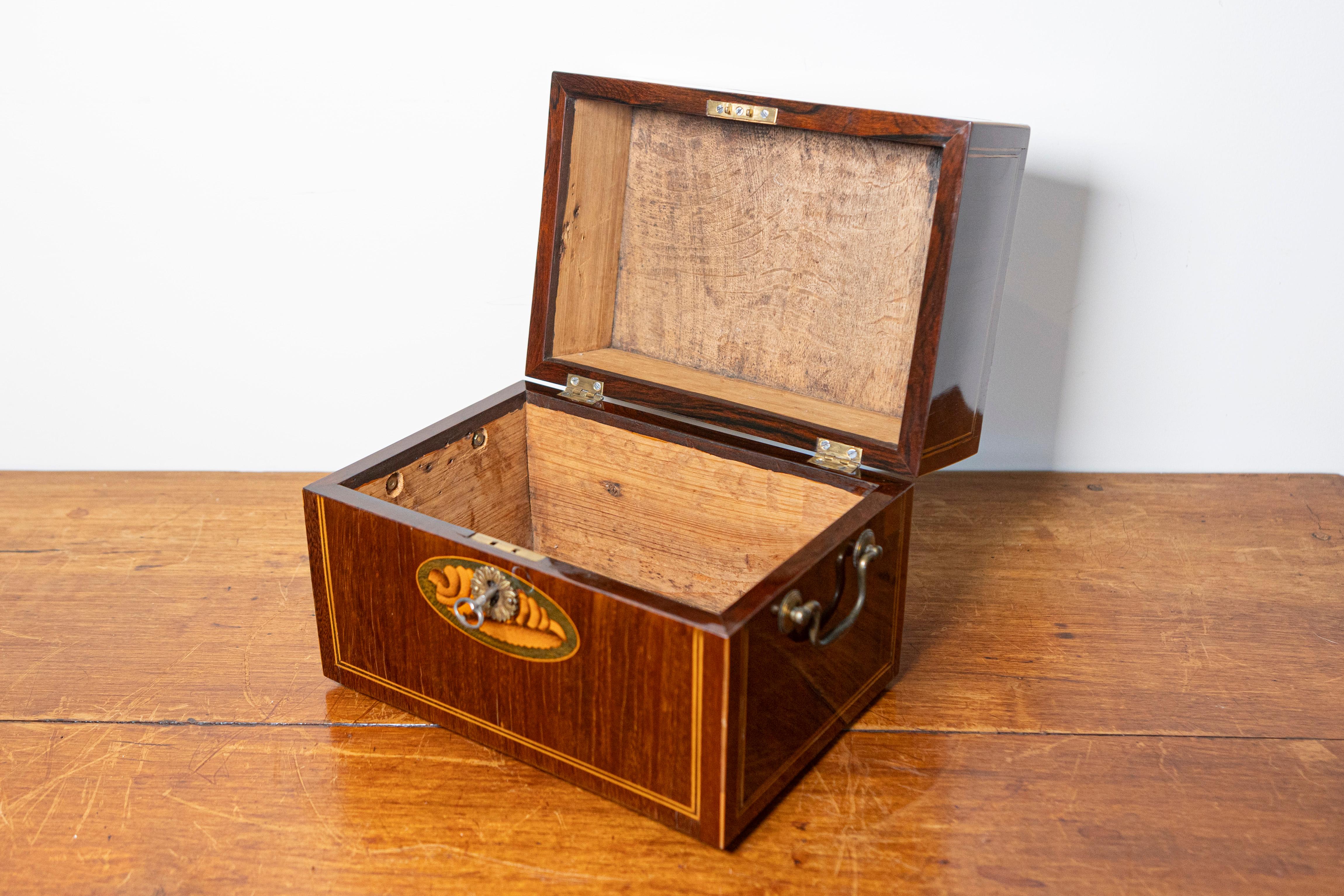 Caja danesa de caoba de la década de 1840 con marquetería de concha de fresno, bandas y asas laterales en Bueno estado para la venta en Atlanta, GA