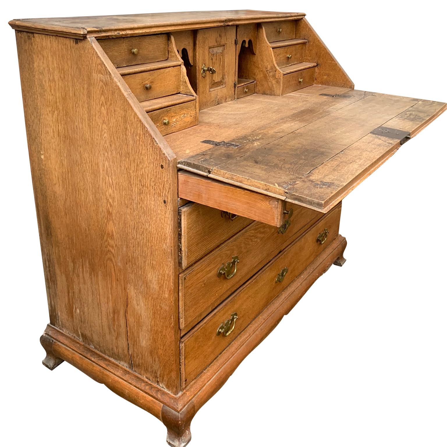 Hand-Crafted Danish 18th Century Baroque Oak Secretary Writing Desk