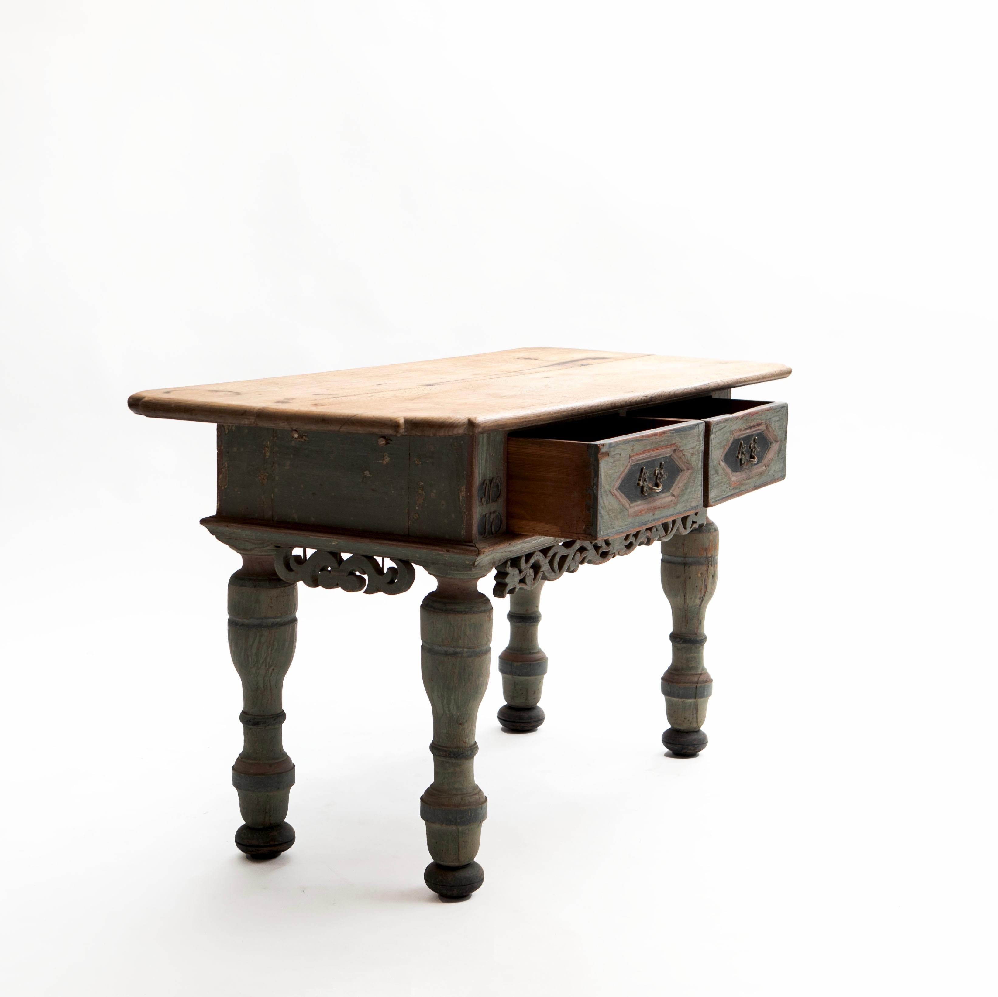 Hand-Painted Danish 18th Century Baroque Table With Two Drawers and Original Paint For Sale