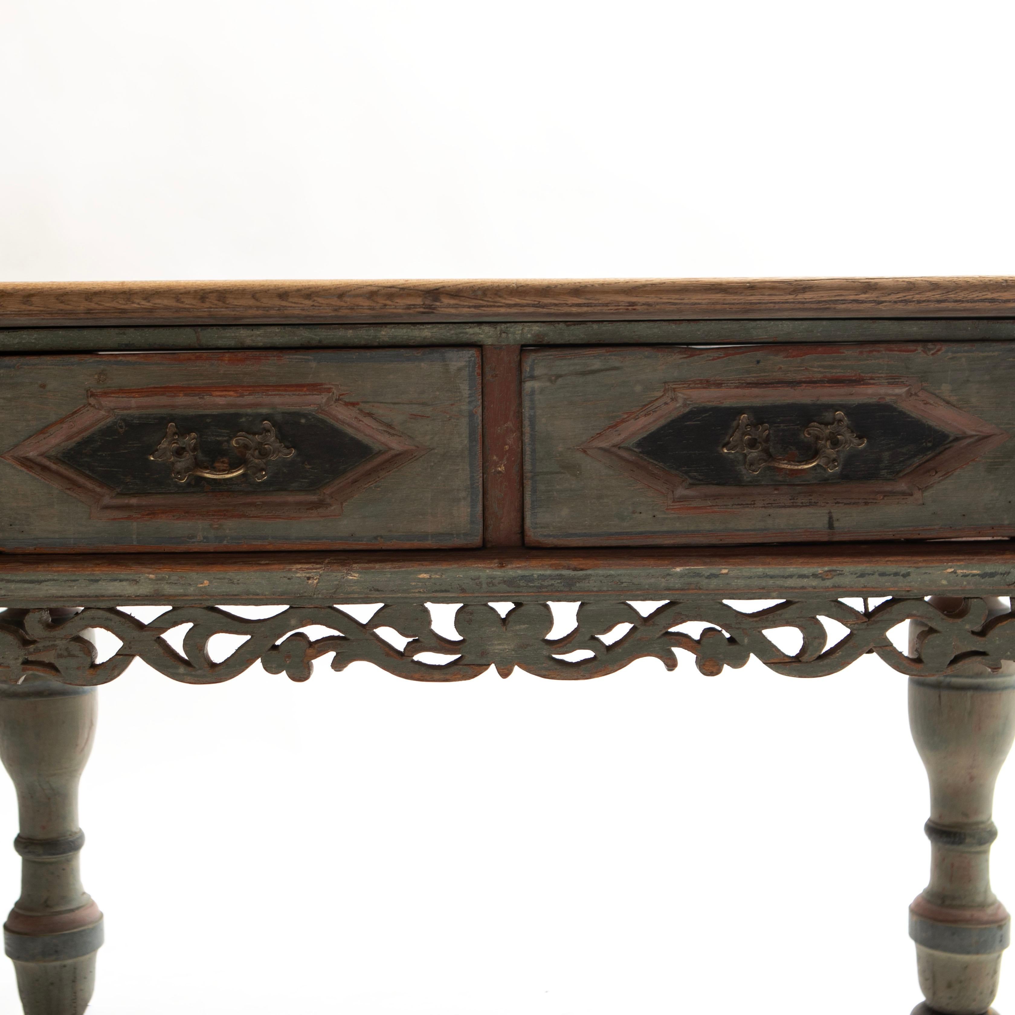 Danish 18th Century Baroque Table With Two Drawers and Original Paint For Sale 1
