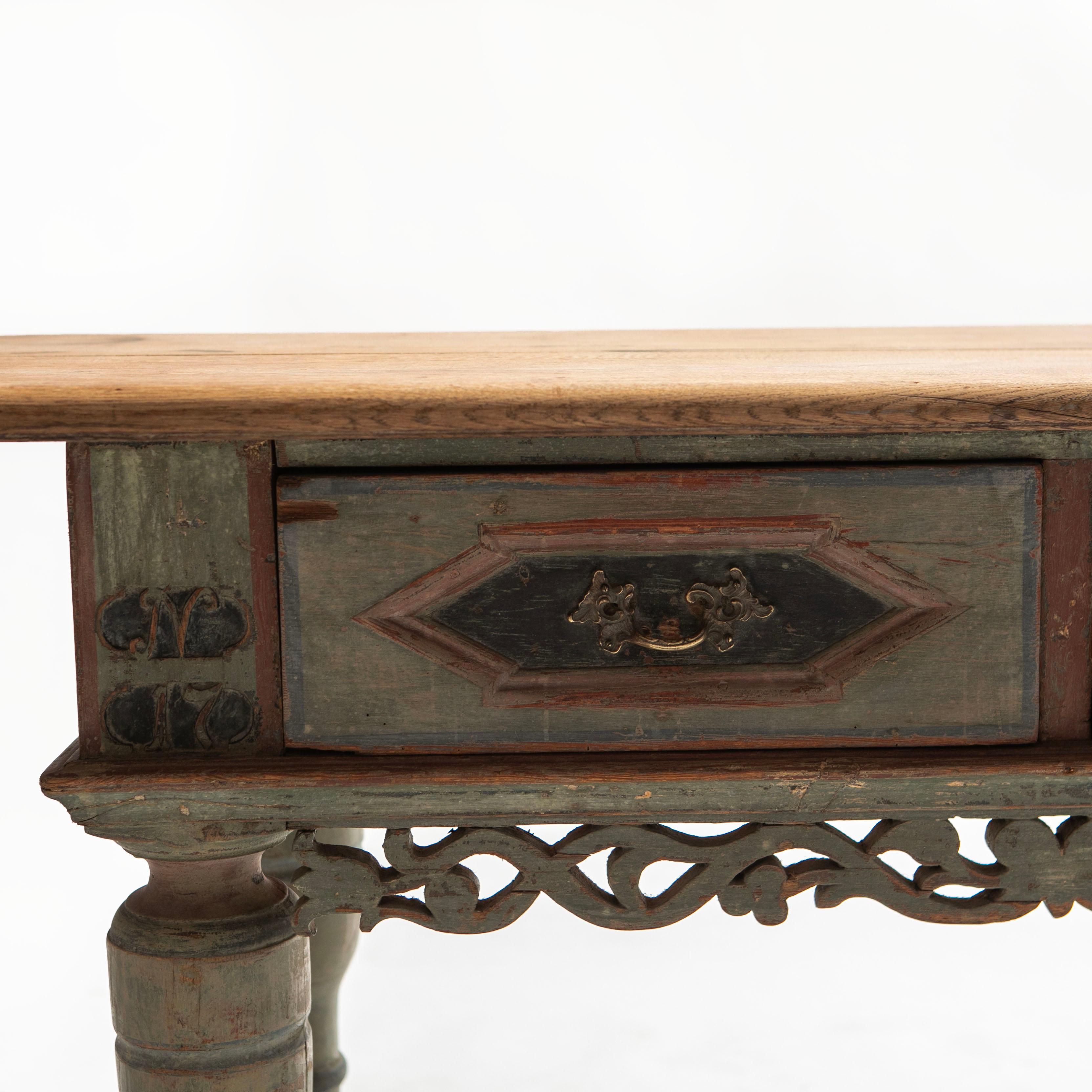 Danish 18th Century Baroque Table With Two Drawers and Original Paint For Sale 2