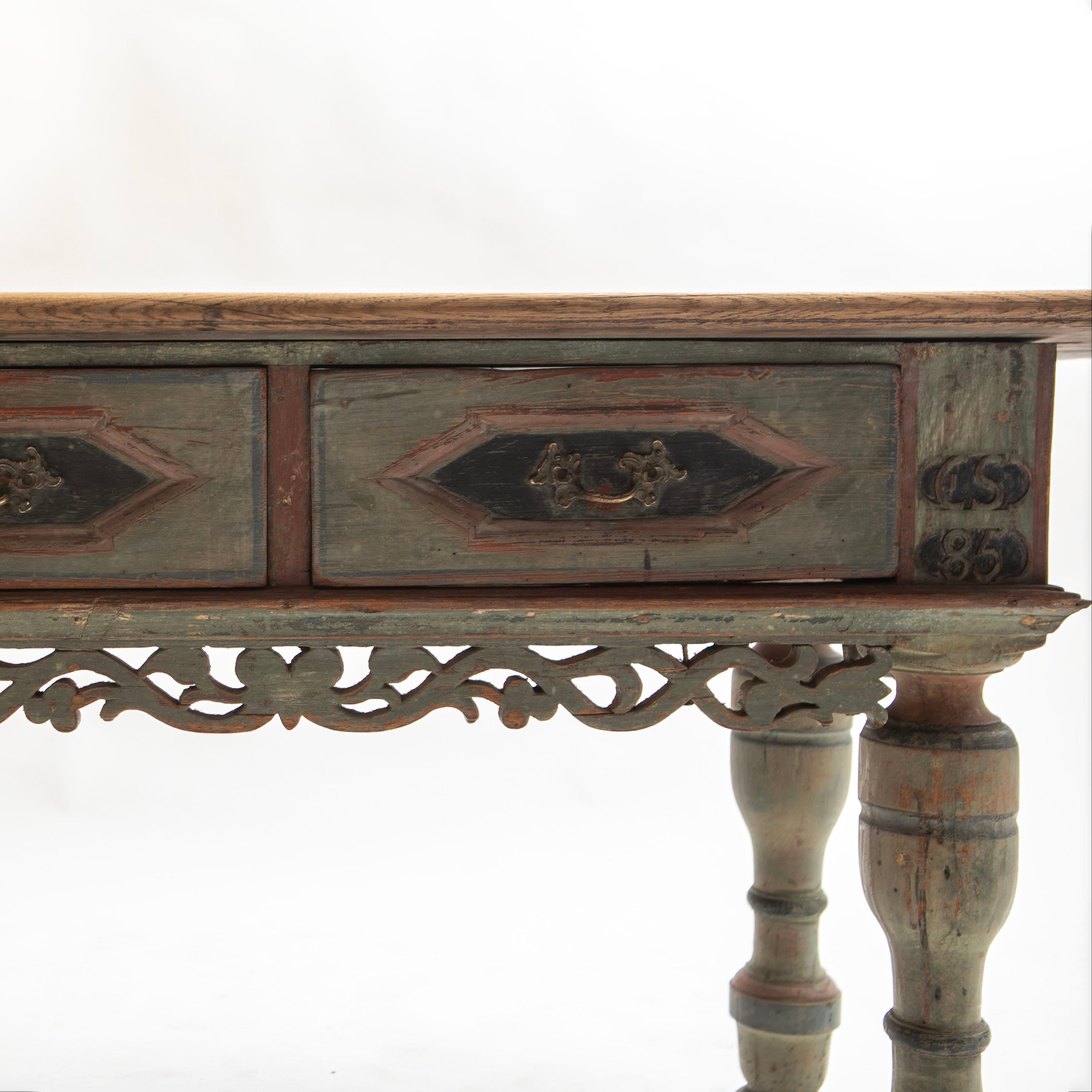 Danish 18th Century Baroque Table With Two Drawers and Original Paint For Sale 3