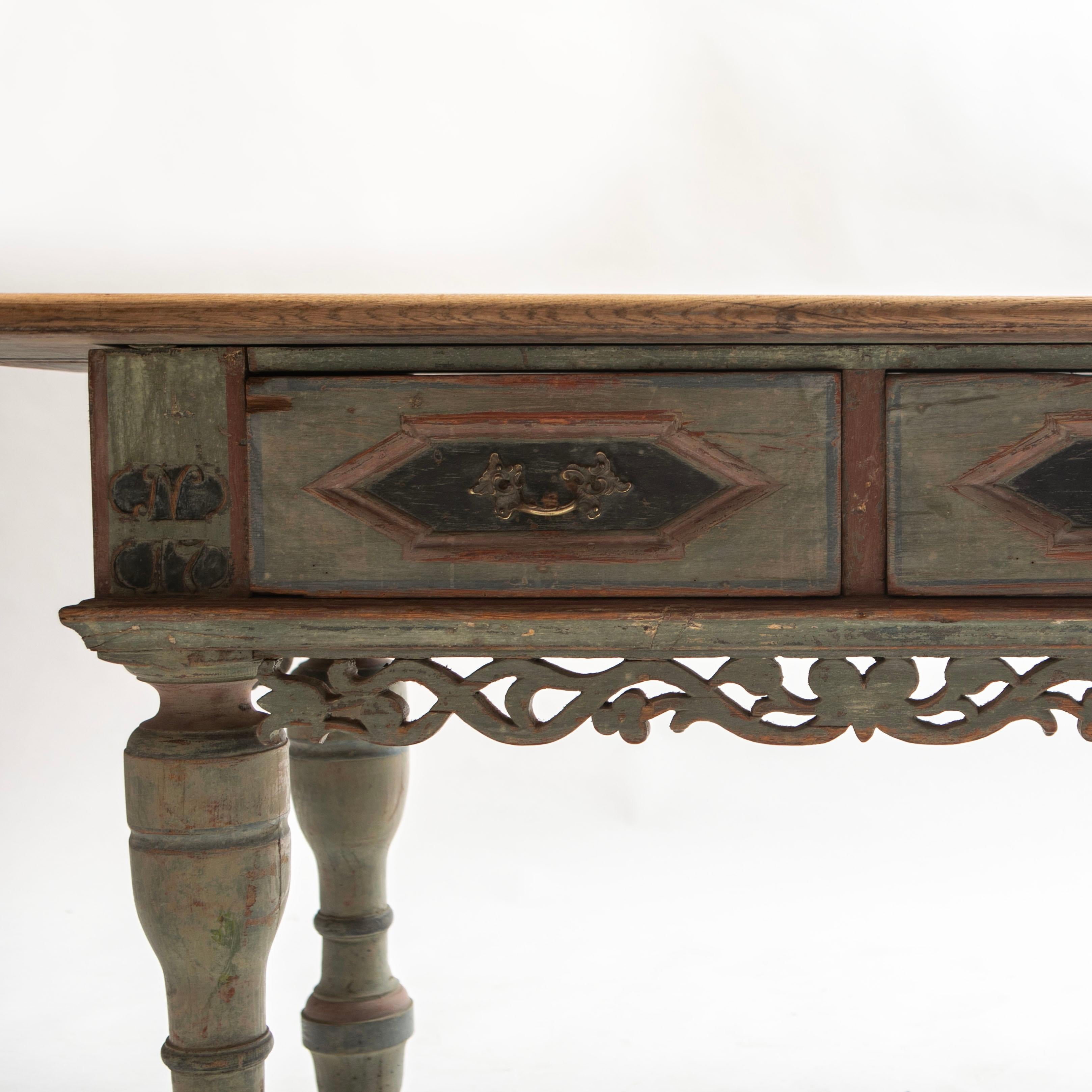 Danish 18th Century Baroque Table With Two Drawers and Original Paint For Sale 4