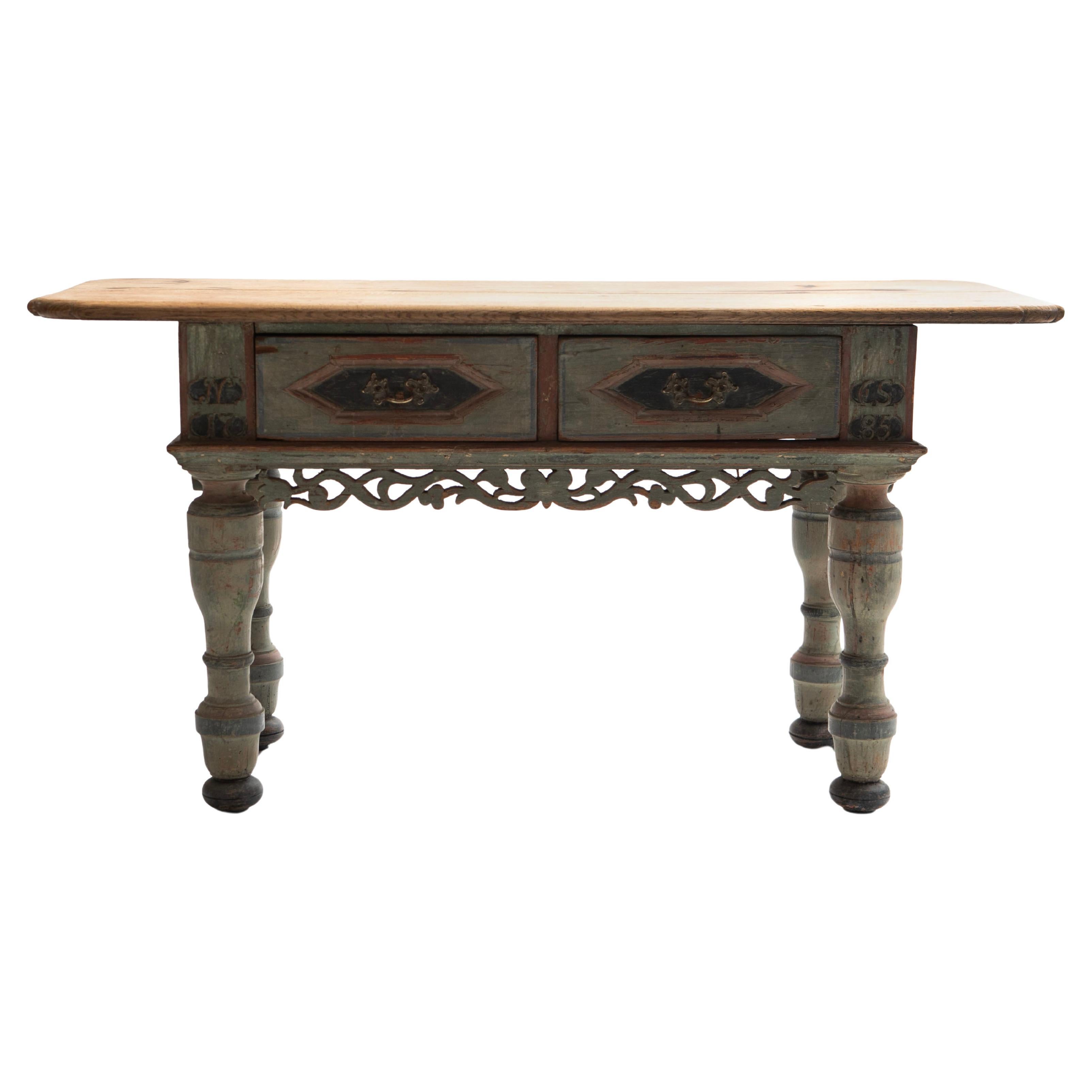 Danish 18th Century Baroque Table With Two Drawers and Original Paint For Sale