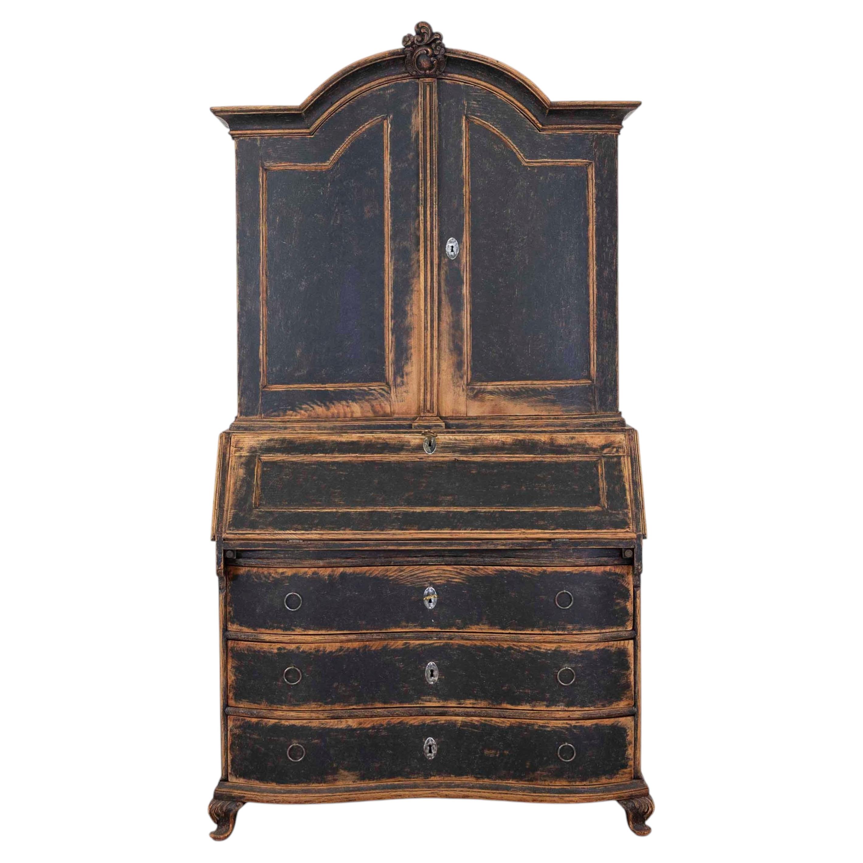 Danish 18th Century Bow-Fronted Rococo Secretary