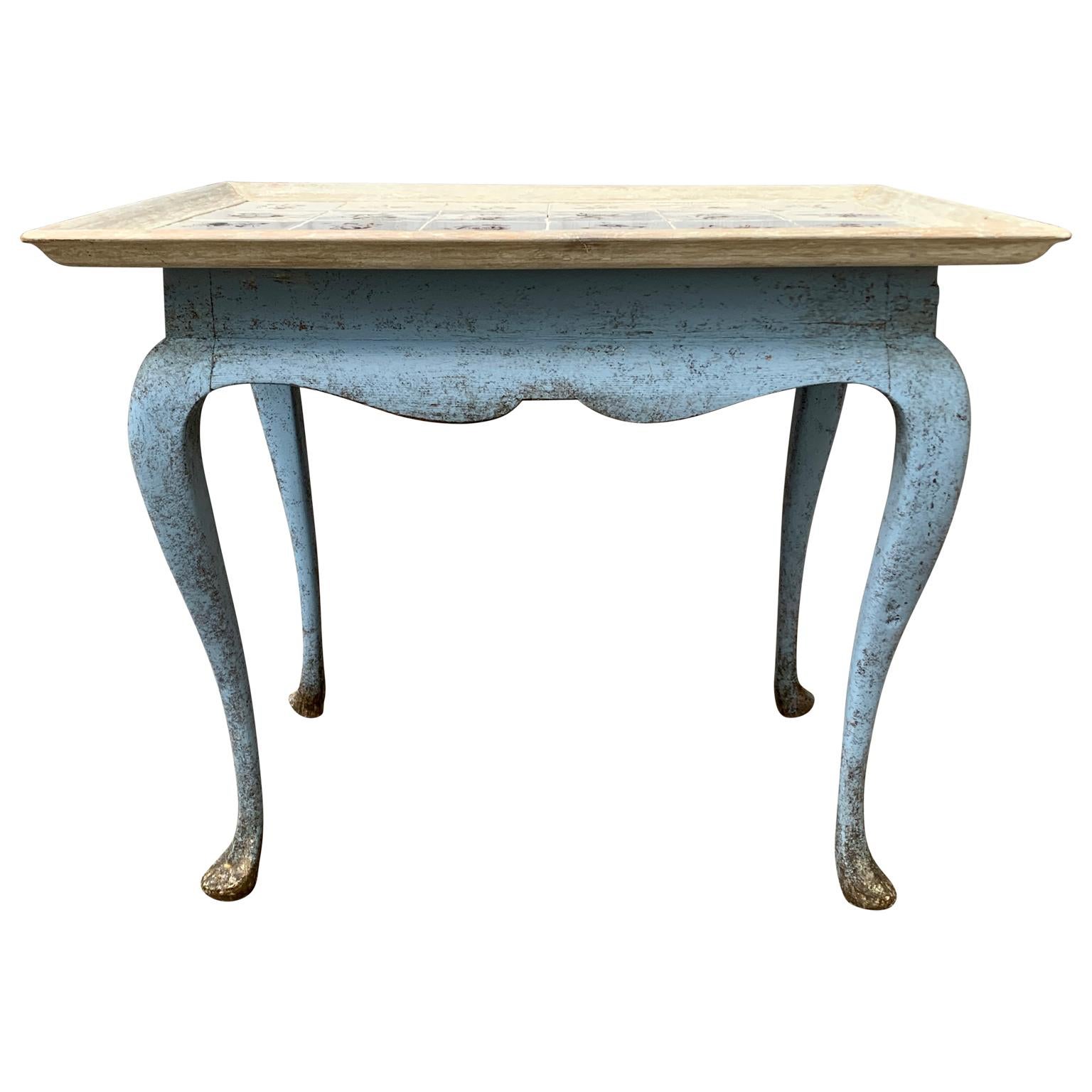 Hand-Crafted Danish 18th Century Gustavian Blue Painted Tile Table