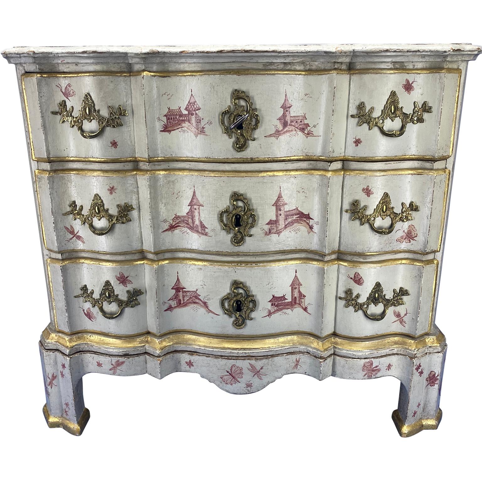 Danish 18th century painted Baroque 3-drawer chest with later chinoiserie decorations, brass hardware and locks.