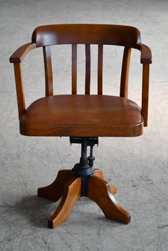 Danish 1920s Swivel Desk Chair in Solid Oak with Leather Seat