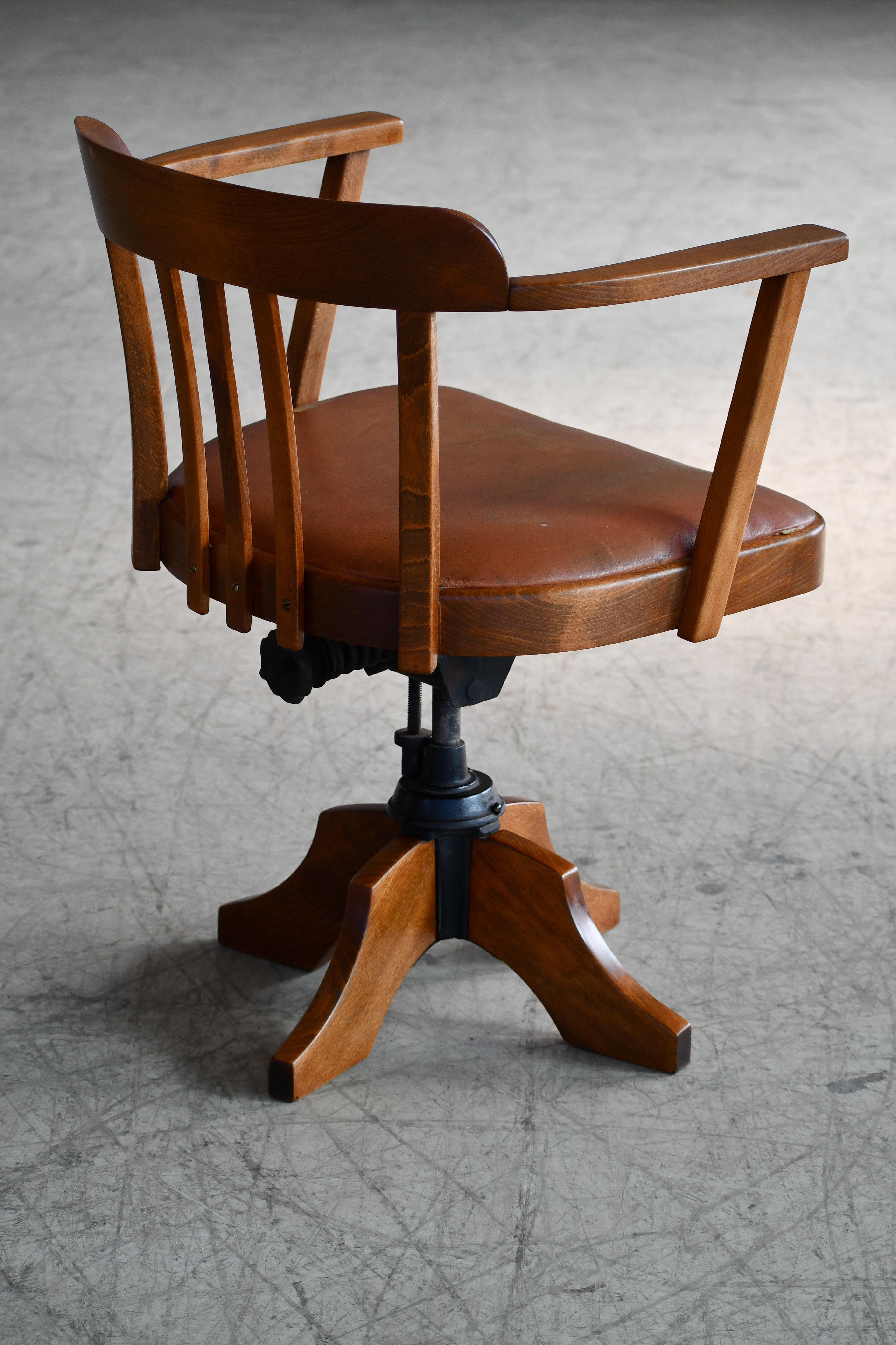 Danish 1920s Swivel Desk Chair in Solid Oak with Leather Seat 1