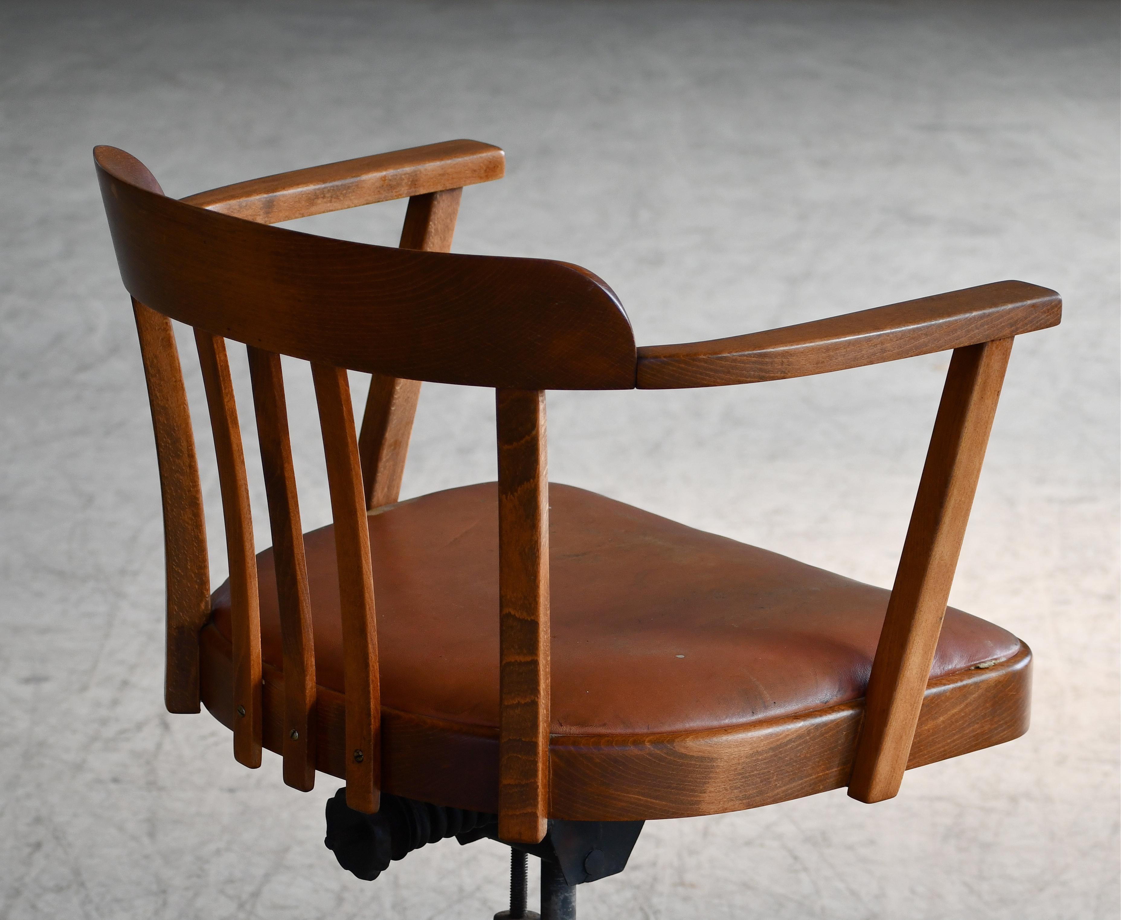 Danish 1920s Swivel Desk Chair in Solid Oak with Leather Seat 2