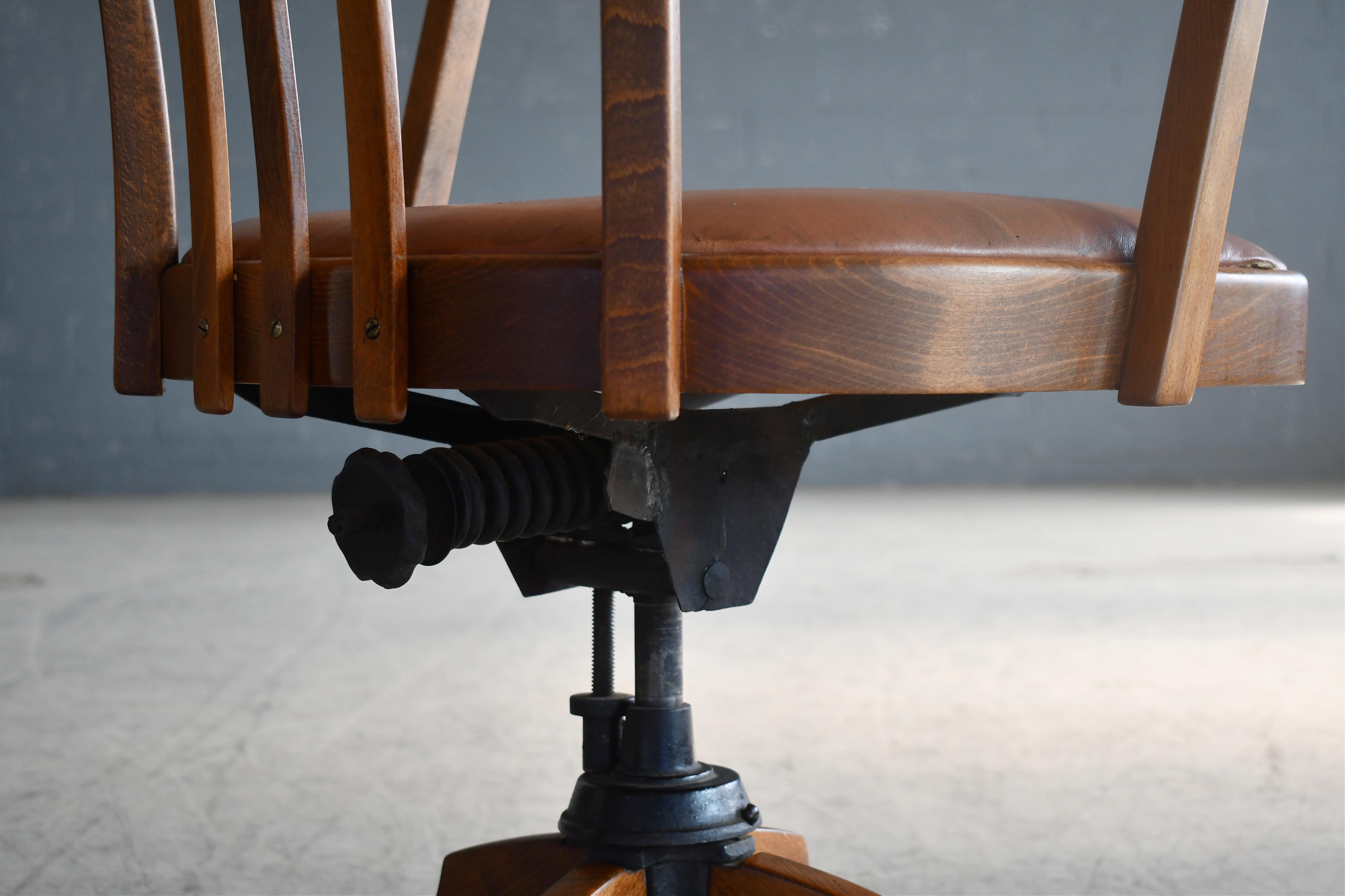 Danish 1920s Swivel Desk Chair in Solid Oak with Leather Seat 3