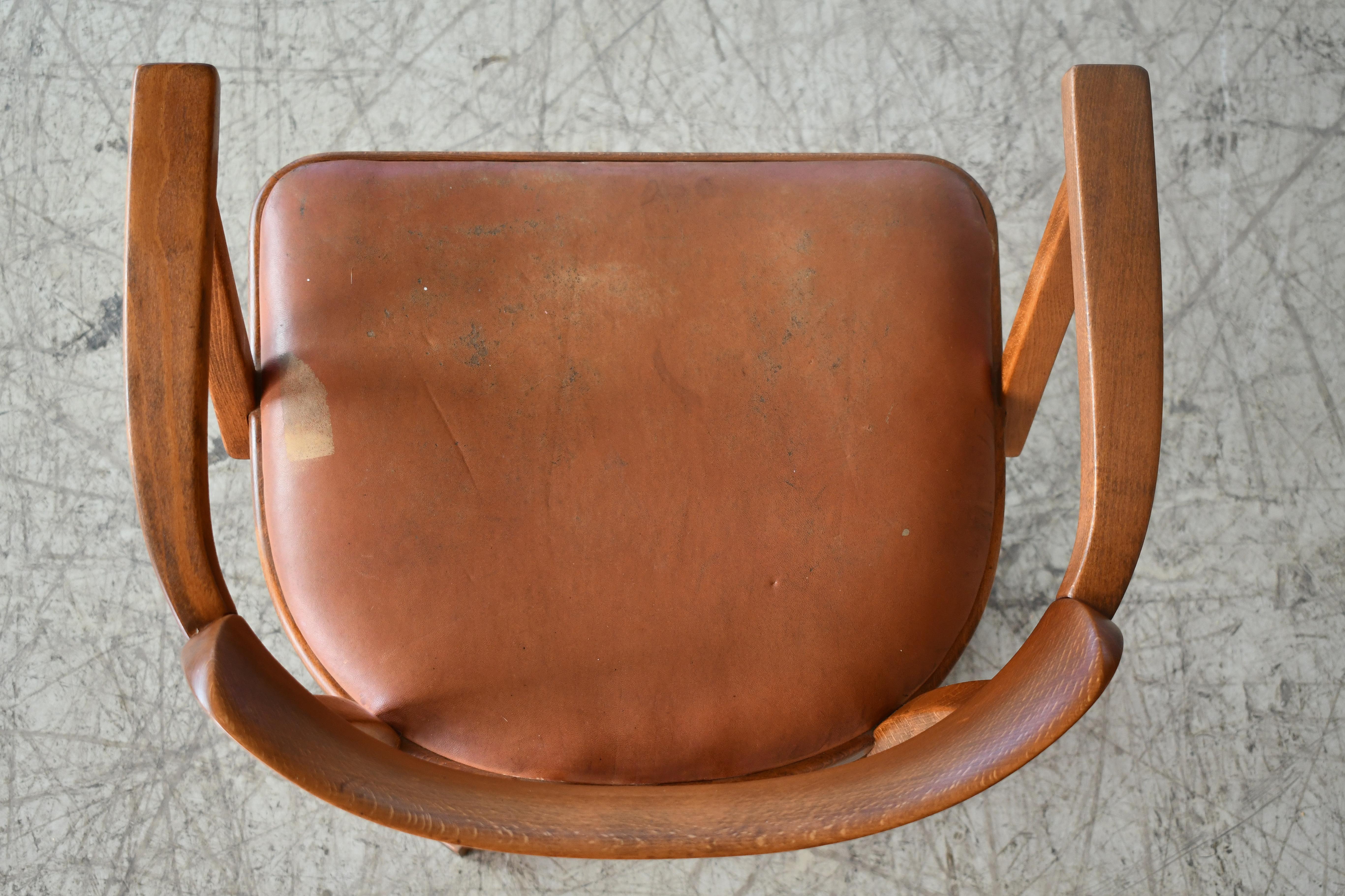 Danish 1920s Swivel Desk Chair in Solid Oak with Leather Seat 4