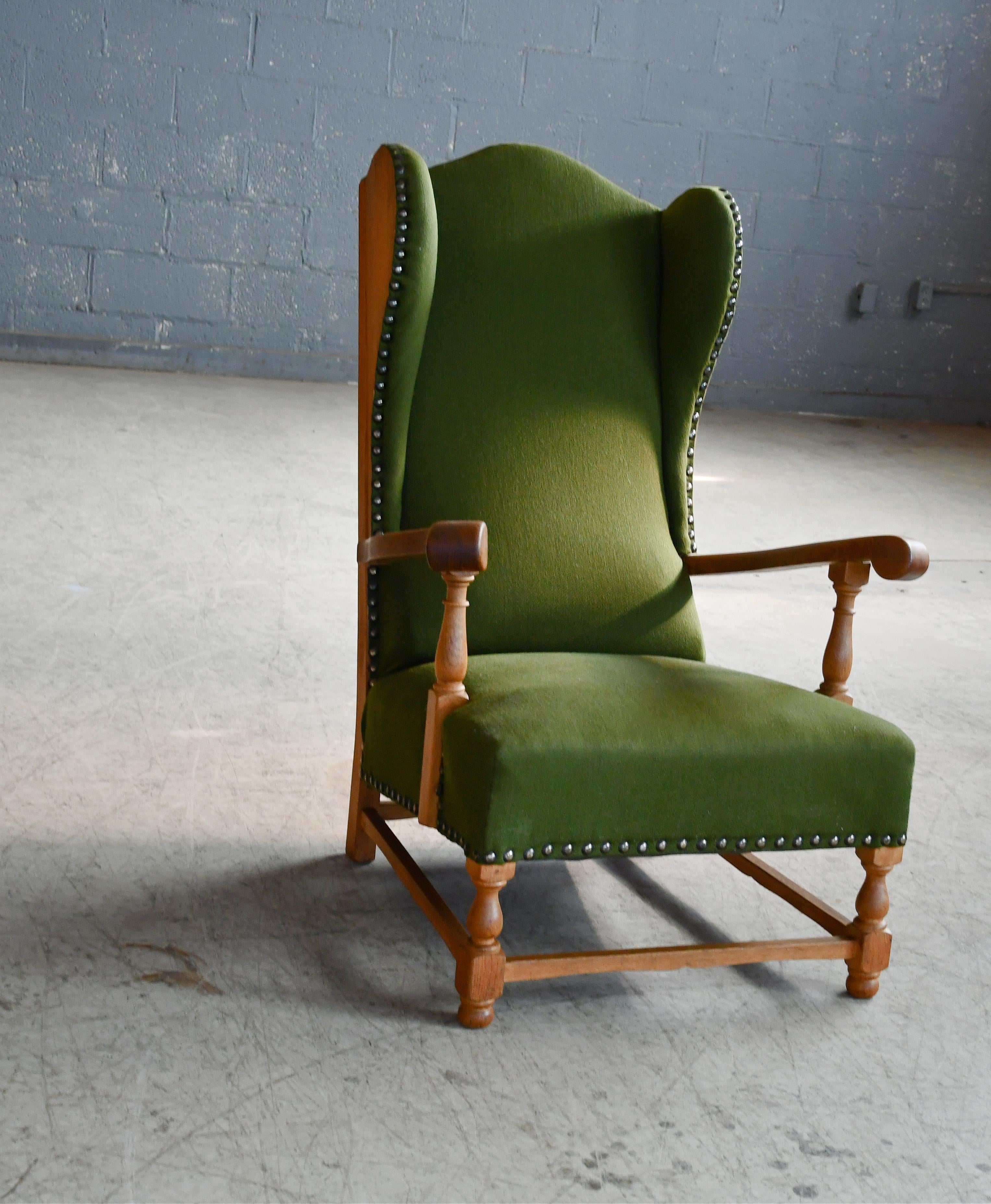 Mid-Century Modern Danish 1930-40s Midcentury Farm Style Wingback Armchair in Solid Oak For Sale