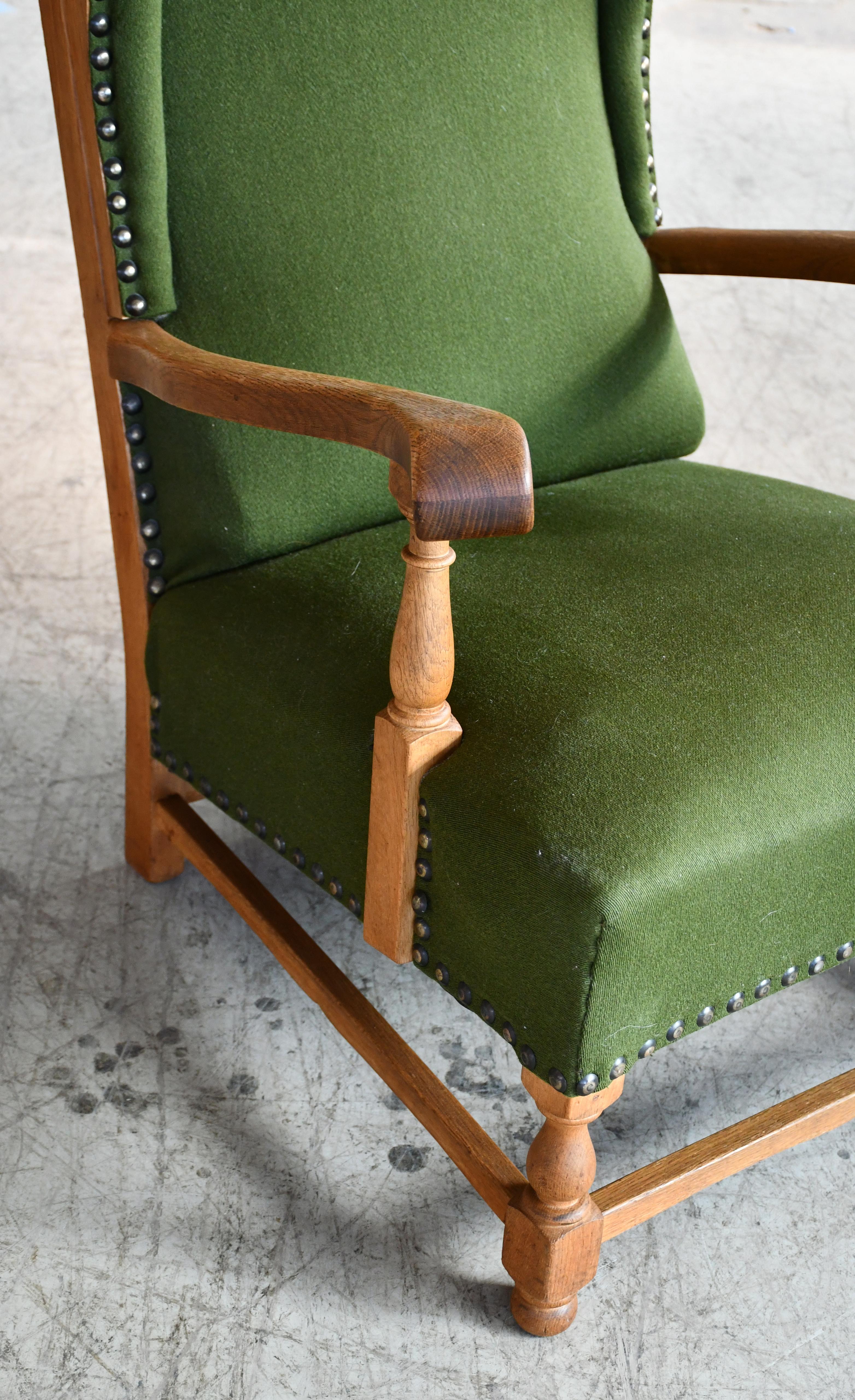 Mid-20th Century Danish 1930-40s Midcentury Farm Style Wingback Armchair in Solid Oak For Sale