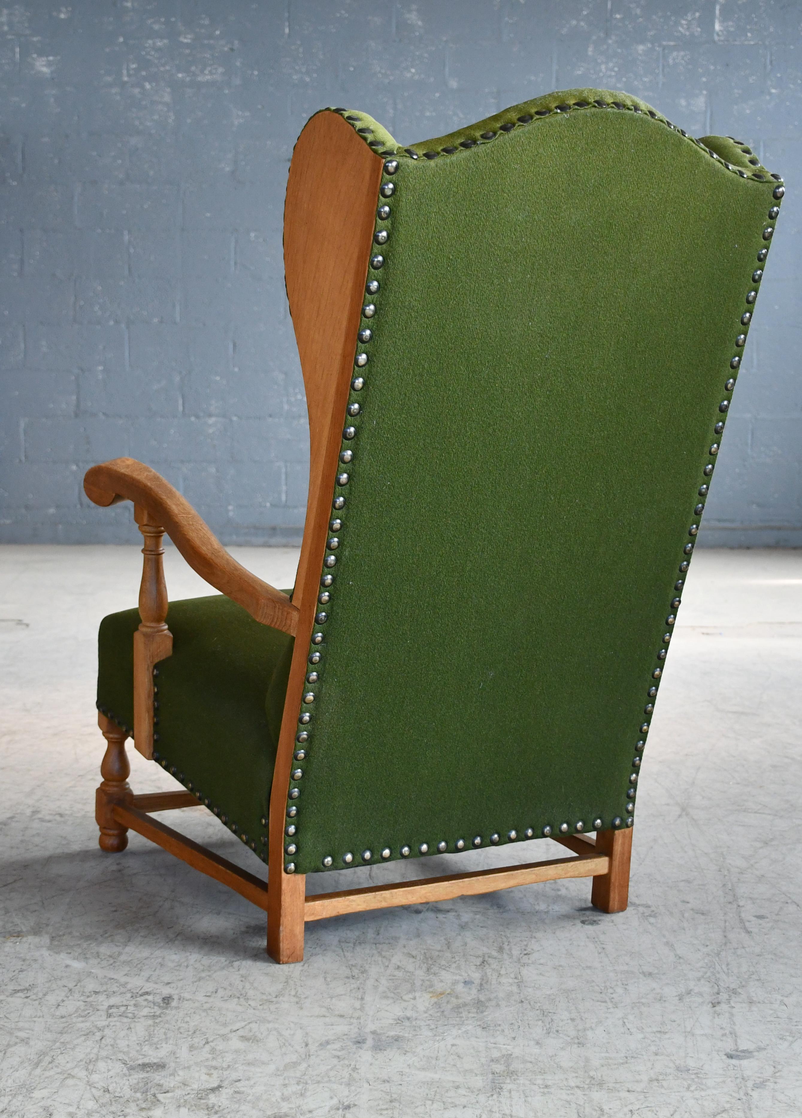 Wool Danish 1930-40s Midcentury Farm Style Wingback Armchair in Solid Oak For Sale