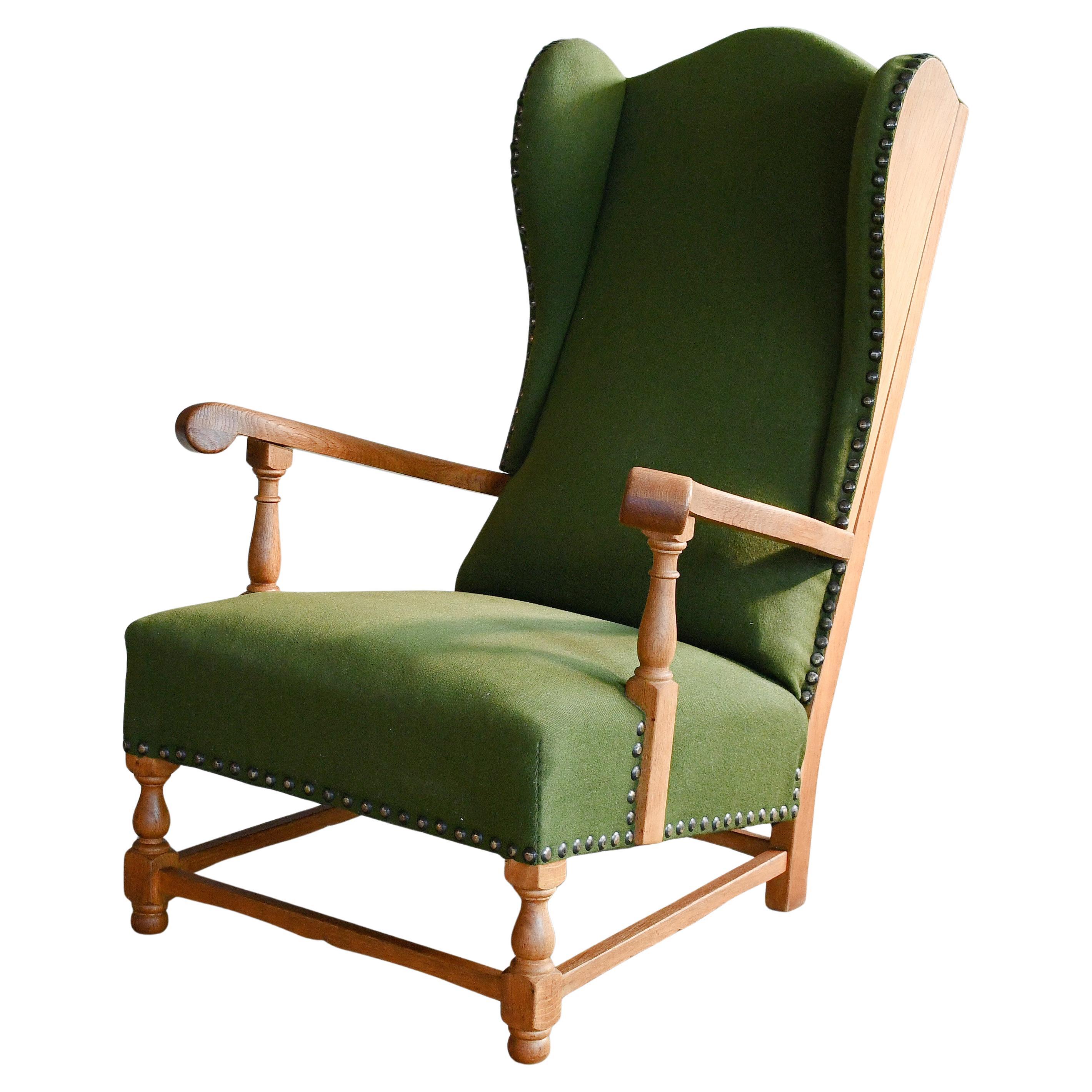 Danish 1930-40s Midcentury Farm Style Wingback Armchair in Solid Oak For Sale