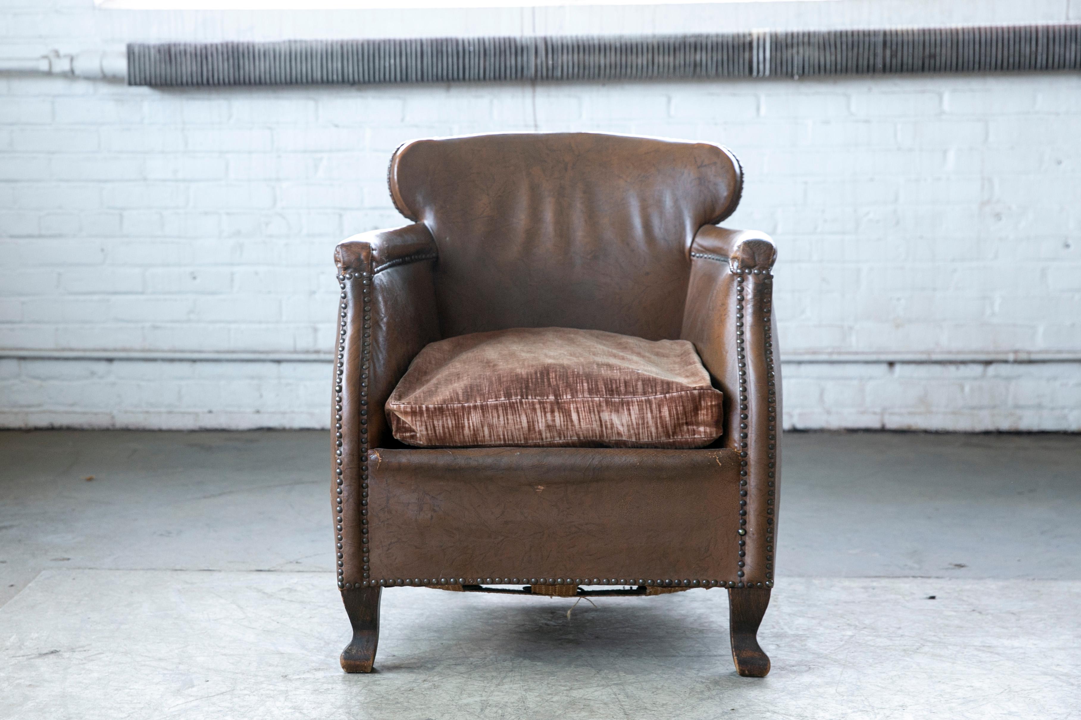 Danish 1930-40s Small-Scale Club Chair in Cognac Leather with Cabriole Legs 3